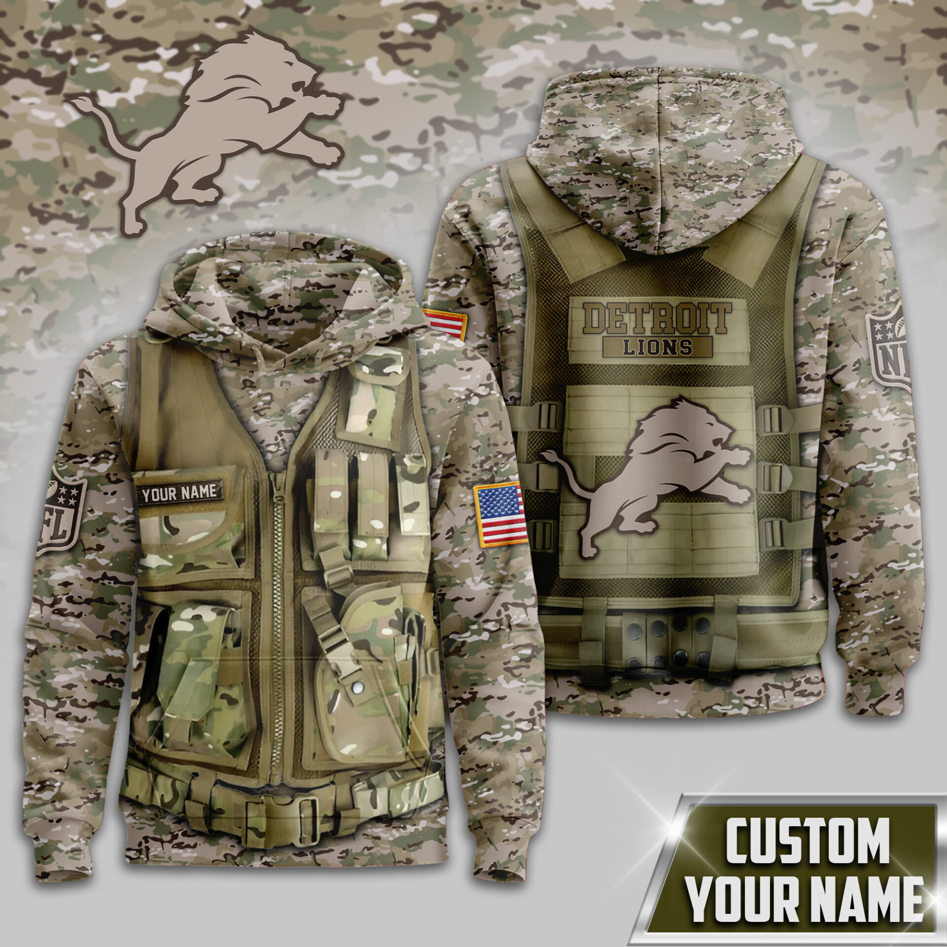 Buildercar - Detroit Lions | Premium NFL Camo Military Hoodie