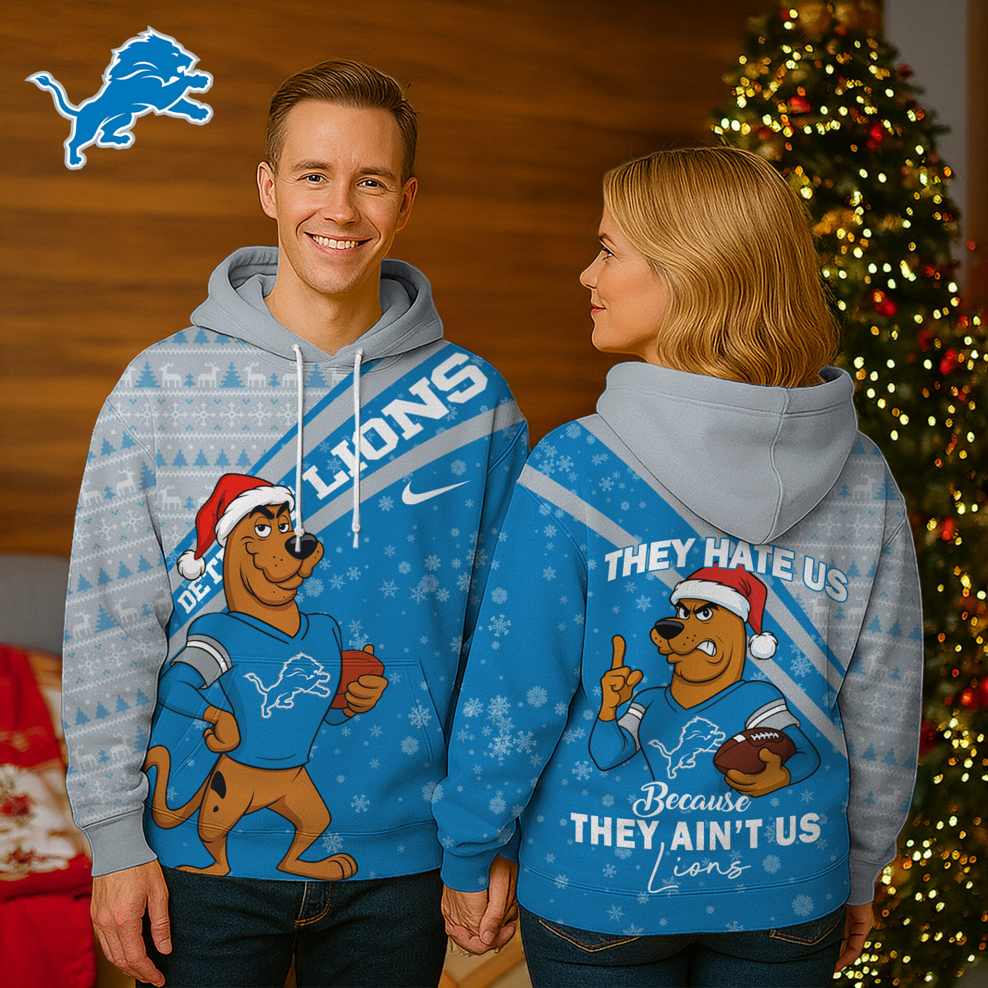 Buildercar - Detroit Lions Premium NFL Funny Christmas Scooby Doo 3D Hoodie