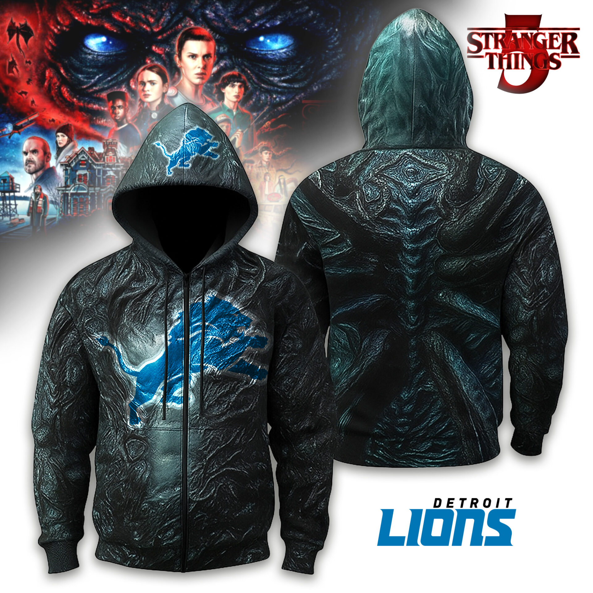 Buildercar - Detroit Lions | Premium NFL Stranger Things Zip Hoodie
