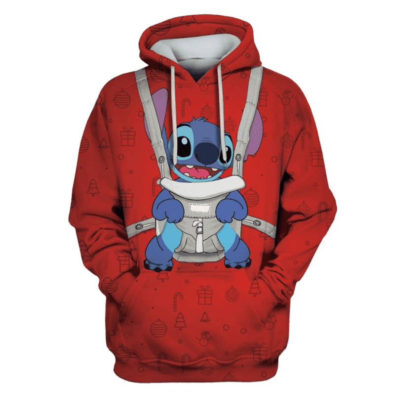 Buildercar - Disney Stitch Hoodie Stitch In Baby Carrier Christmas Pattern Red 3d Hoodie