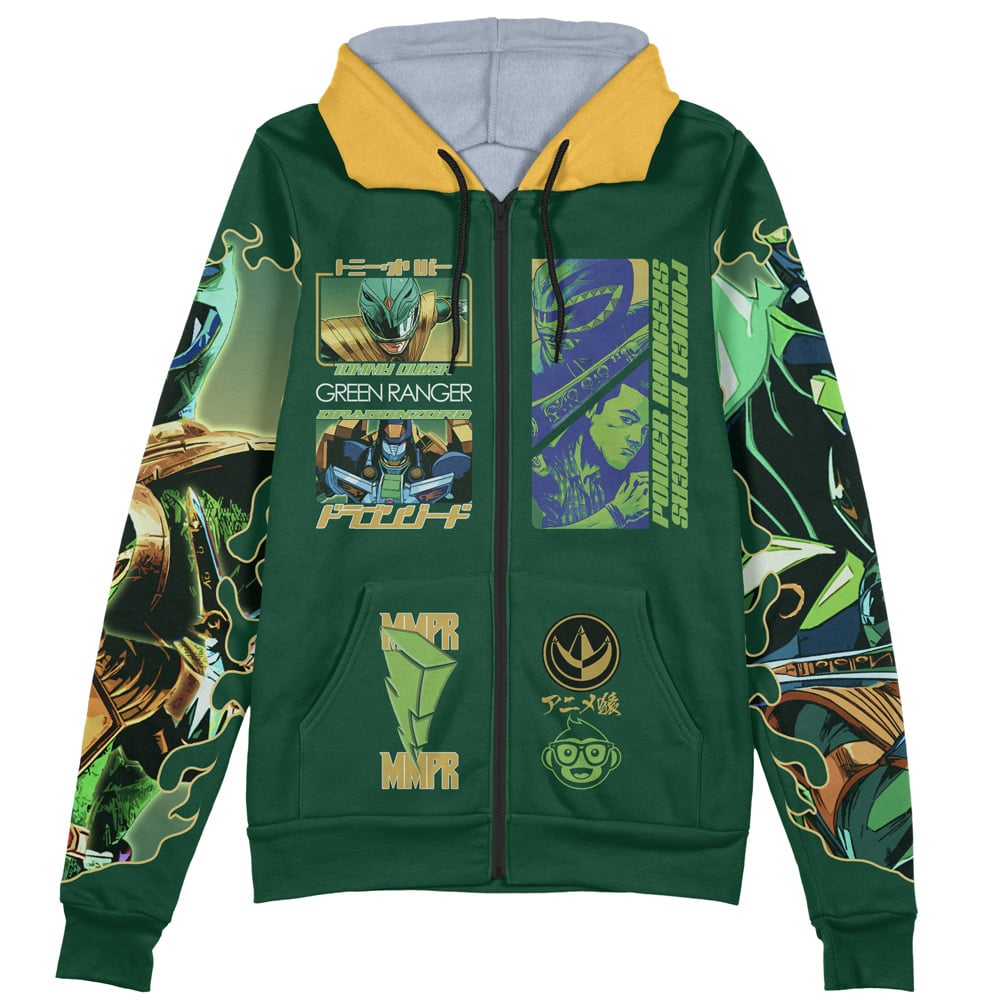 Buildercar - Green Ranger Mighty Morphin Power Rangers Streetwear Zip Hoodie Jacket - Image 2