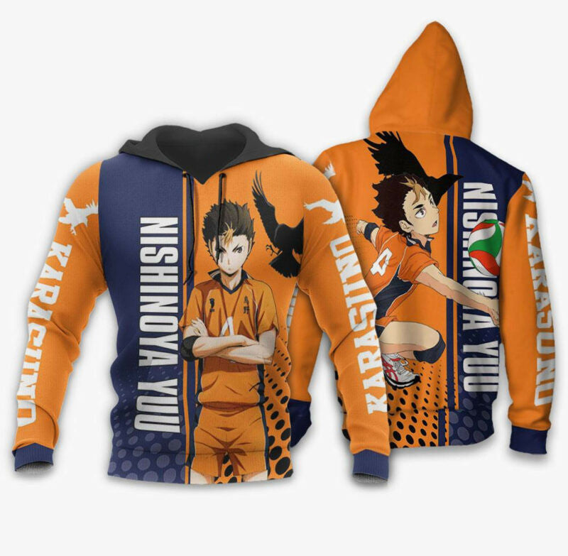 Buildercar - Haikyuu Hoodie Karasuno Nishinoya Yuu Playing Volleyball Orange Blue 3d Hoodie