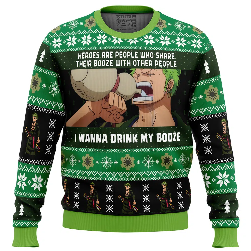 Buildercar - I Wanna Drink My Booze Zoro One Piece Ugly Christmas Sweater