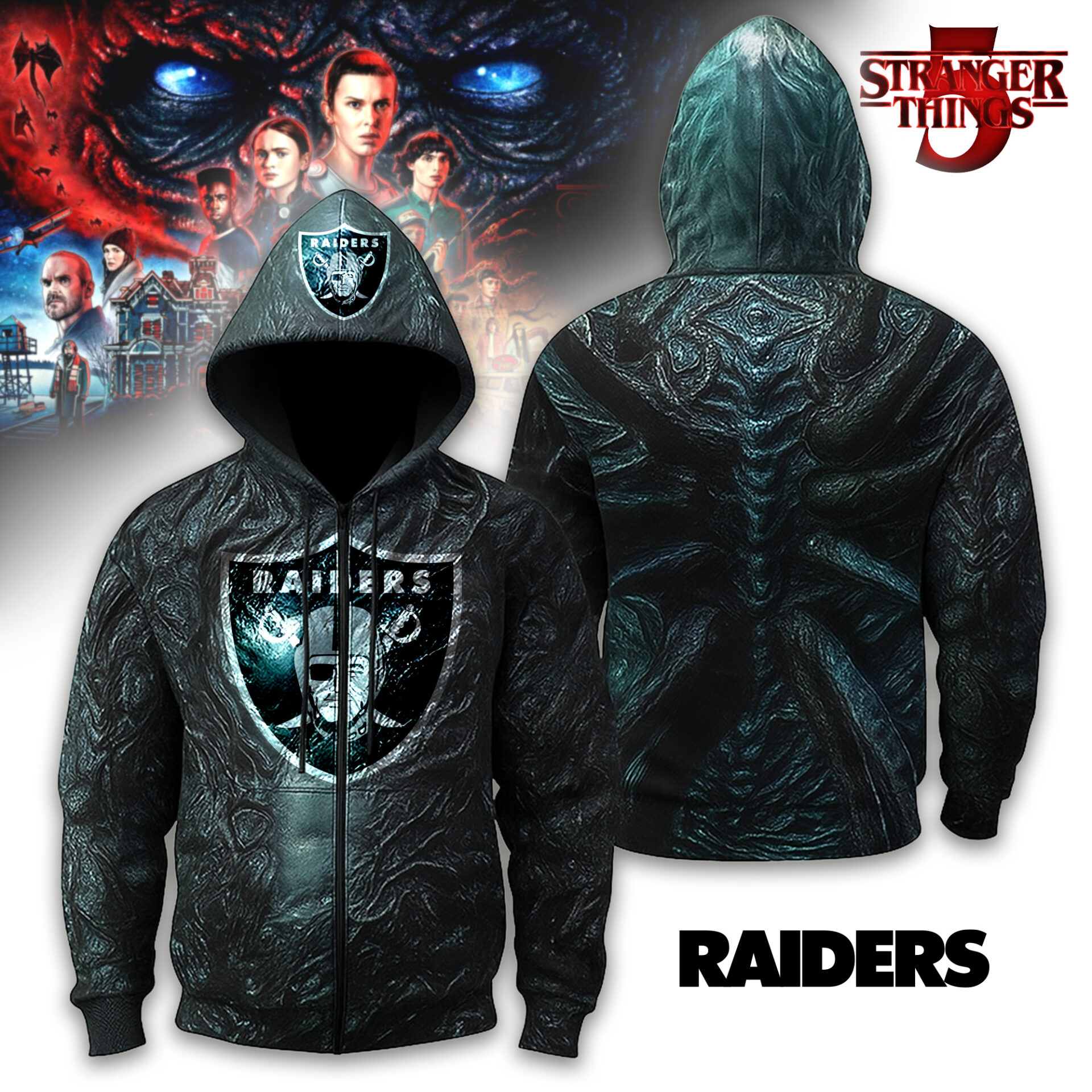 Buildercar - Las Vegas Raiders | Premium NFL Stranger Things Zip Hoodie