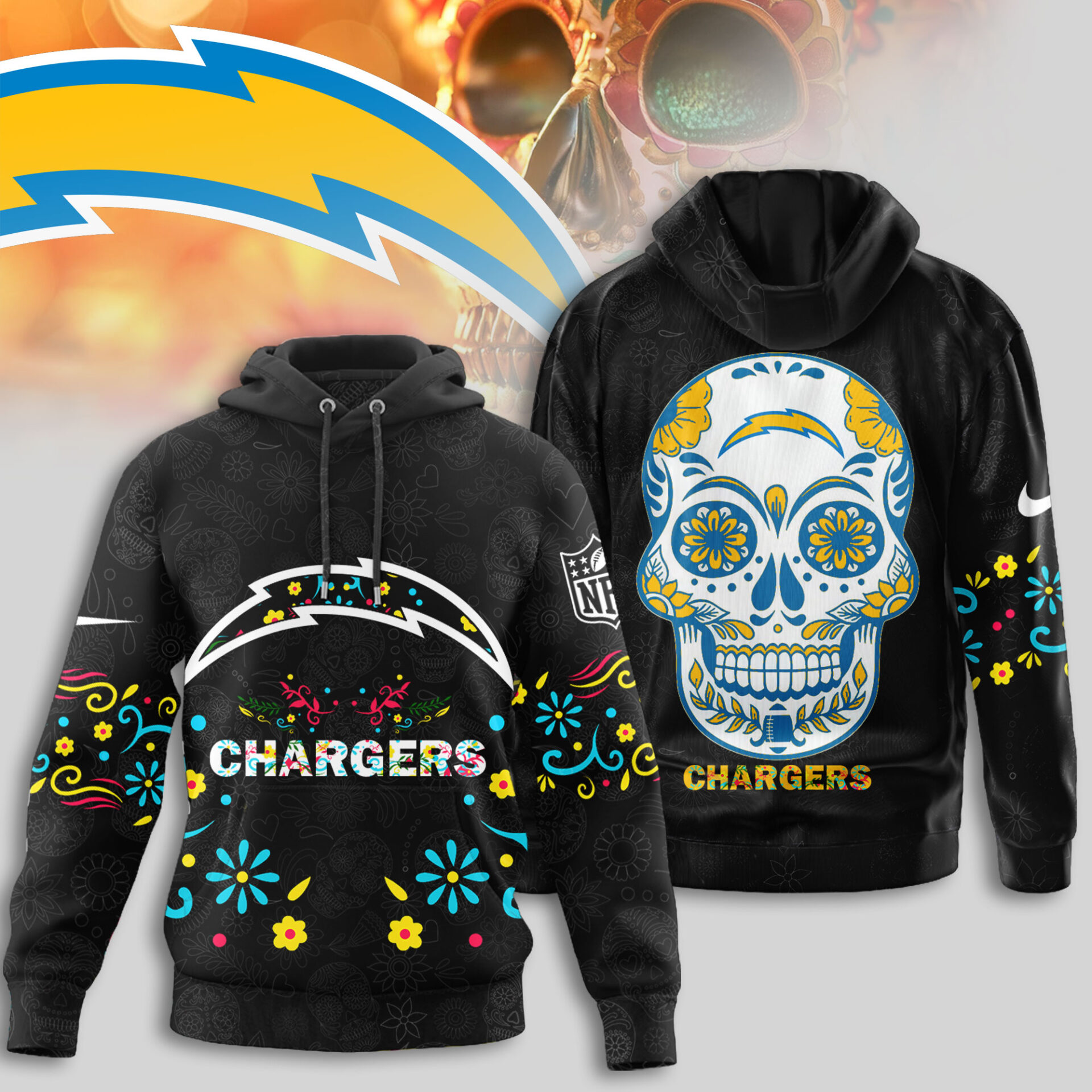Buildercar - Los Angeles Chargers | Premium NFL Dia de los Muertos Limited Editions Hoodie
