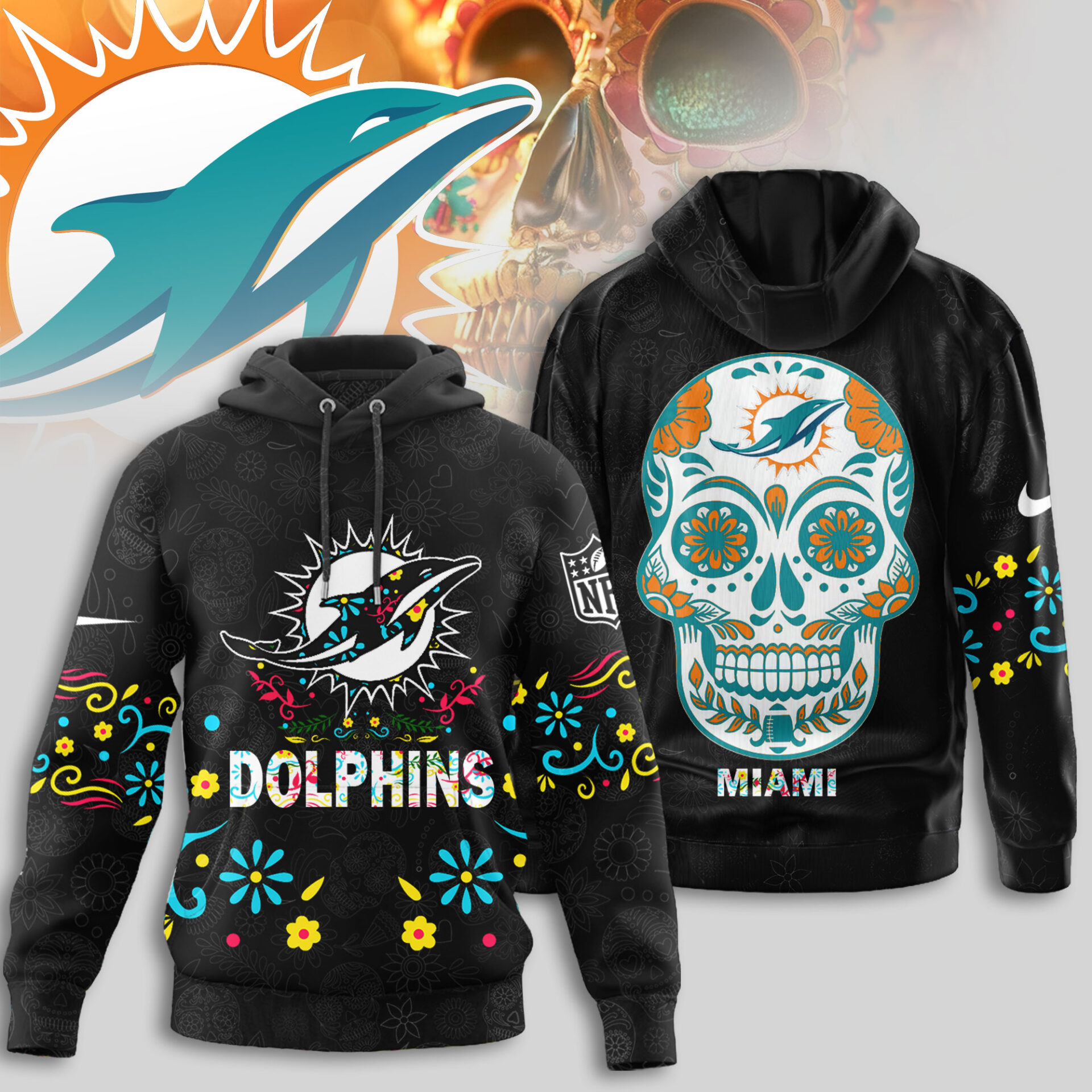 Buildercar - Miami Dolphins | Premium NFL Dia de los Muertos Limited Editions Hoodie