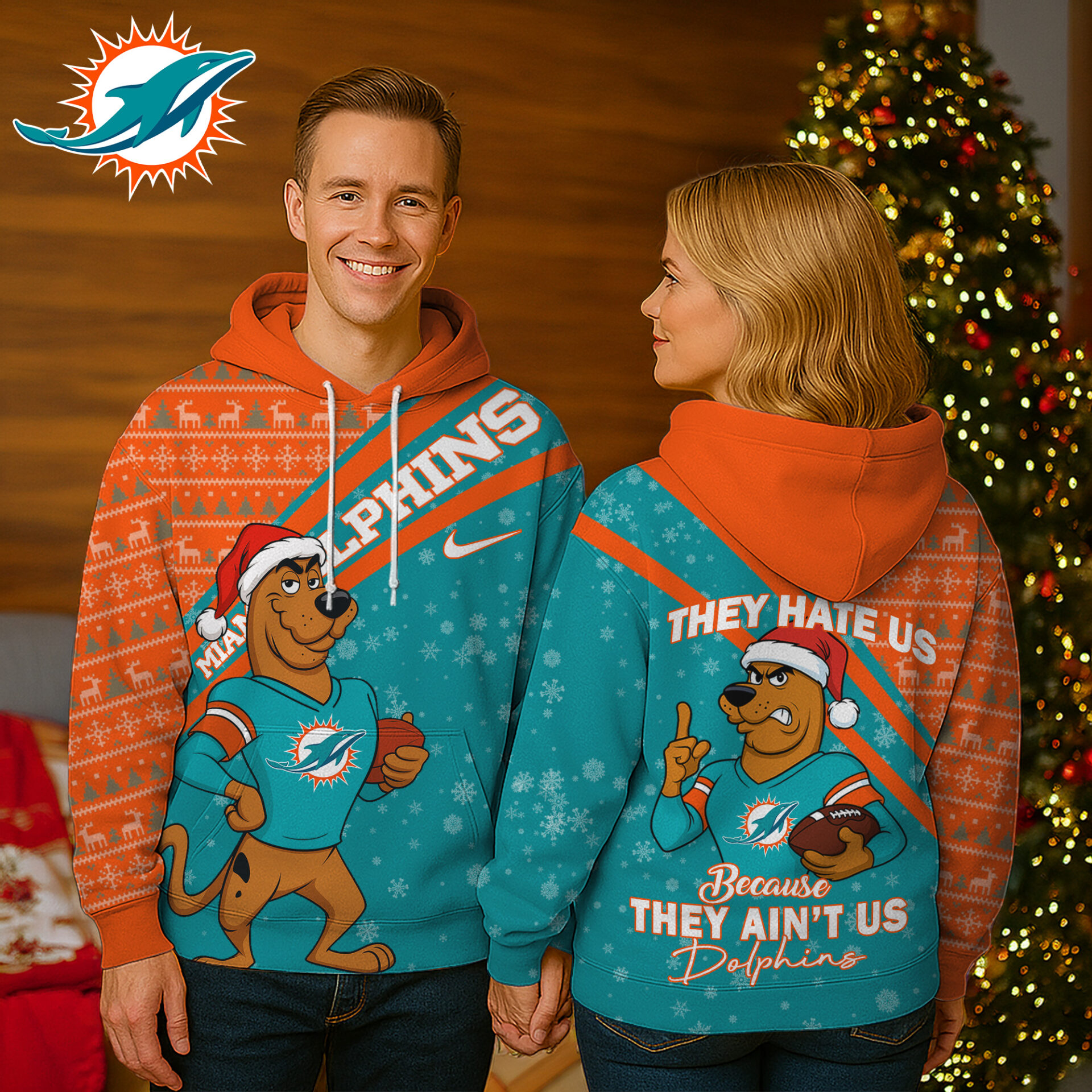 Buildercar - Miami Dolphins | Premium NFL Funny Christmas Scooby Doo 3D Hoodie