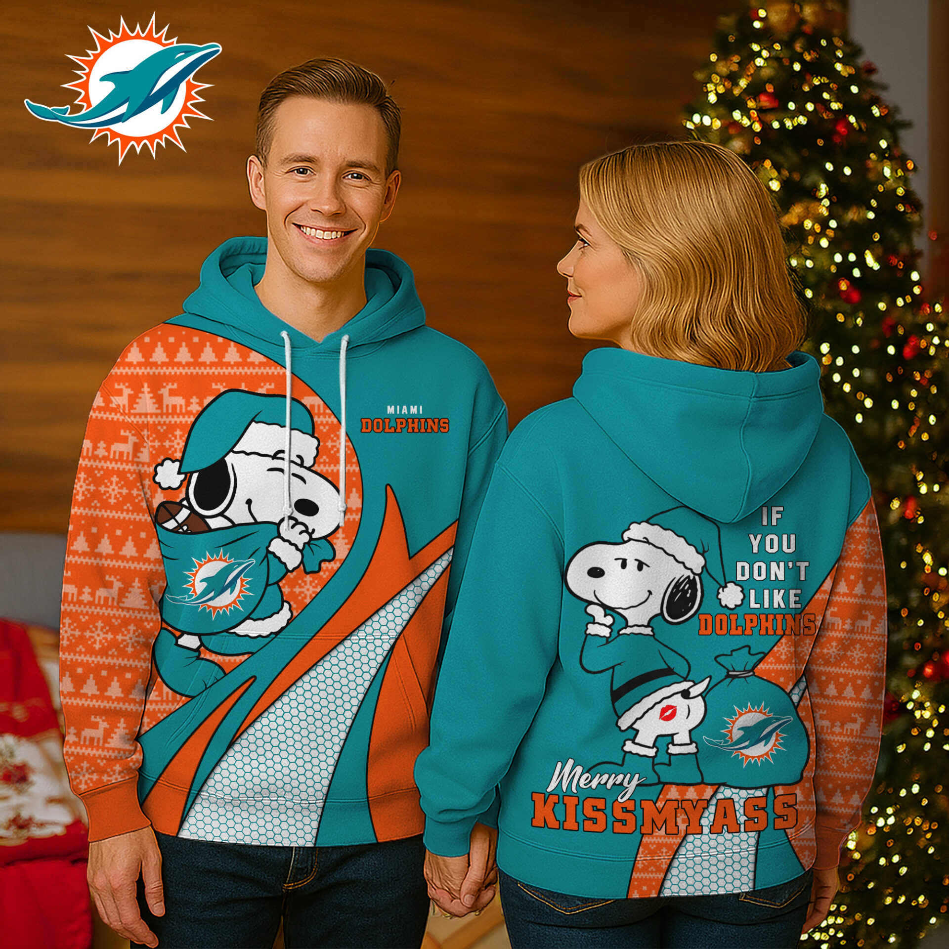 Buildercar - Miami Dolphins Premium NFL Funny Christmas Snoopy 3D Hoodie