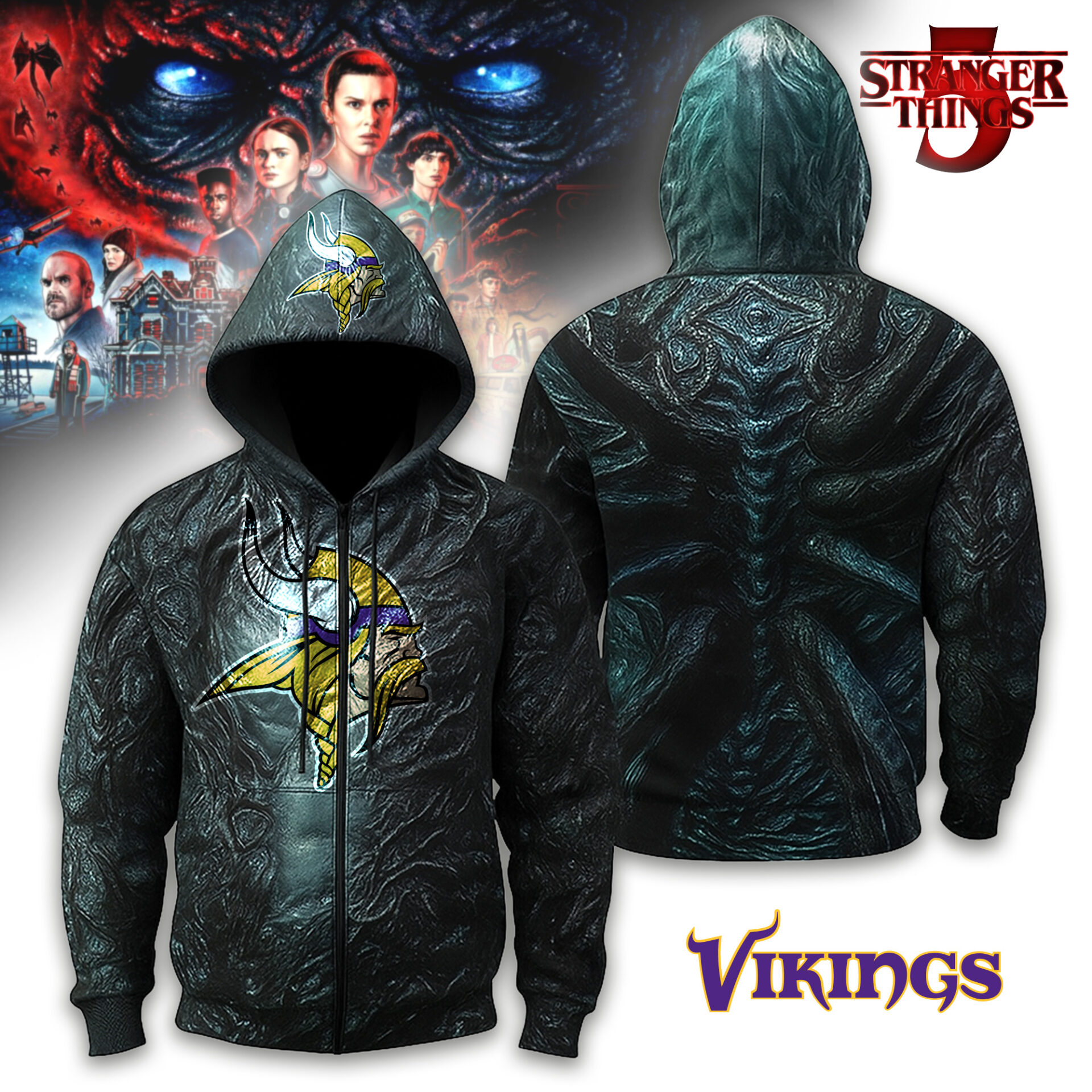 Buildercar - Minnesota Vikings | Premium NFL Stranger Things Zip Hoodie