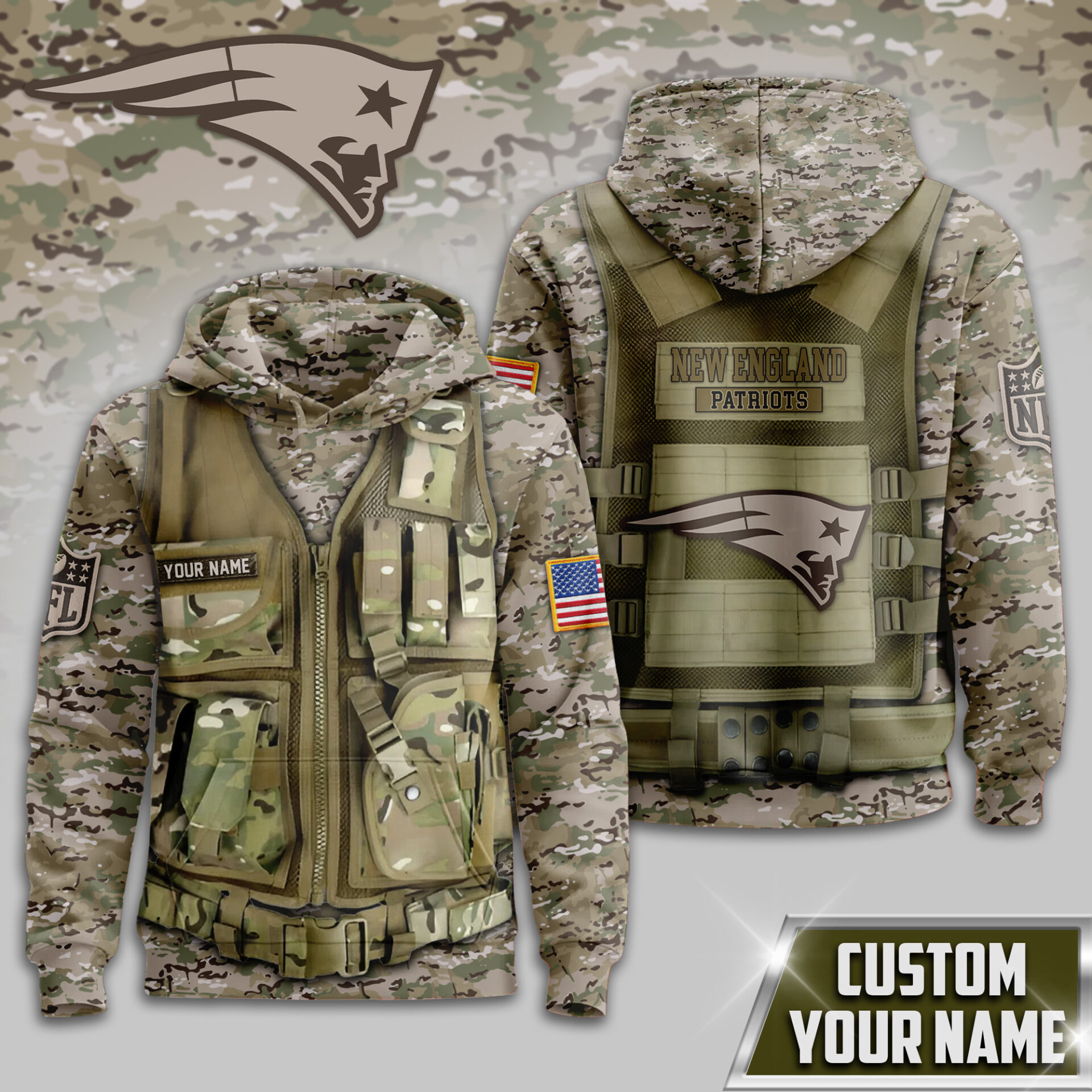 Buildercar - New England Patriots | Premium NFL Camo Military Hoodie