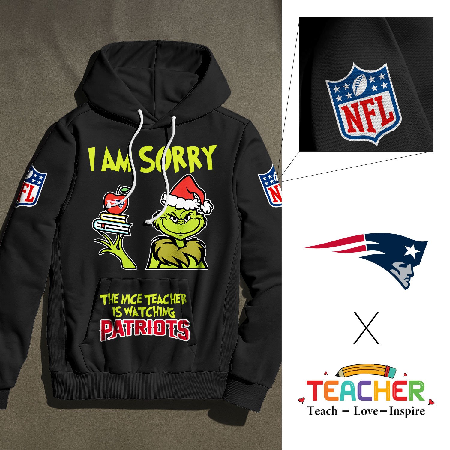 Buildercar - New England Patriots | Premium NFL Grinch Teacher Appreciation Hoodie