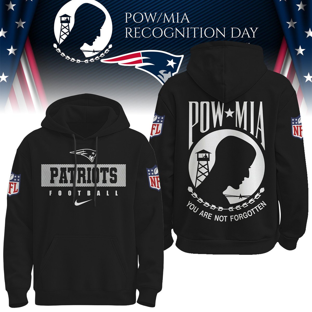 Buildercar - New England Patriots | Premium NFL Pow Mia Hoodie