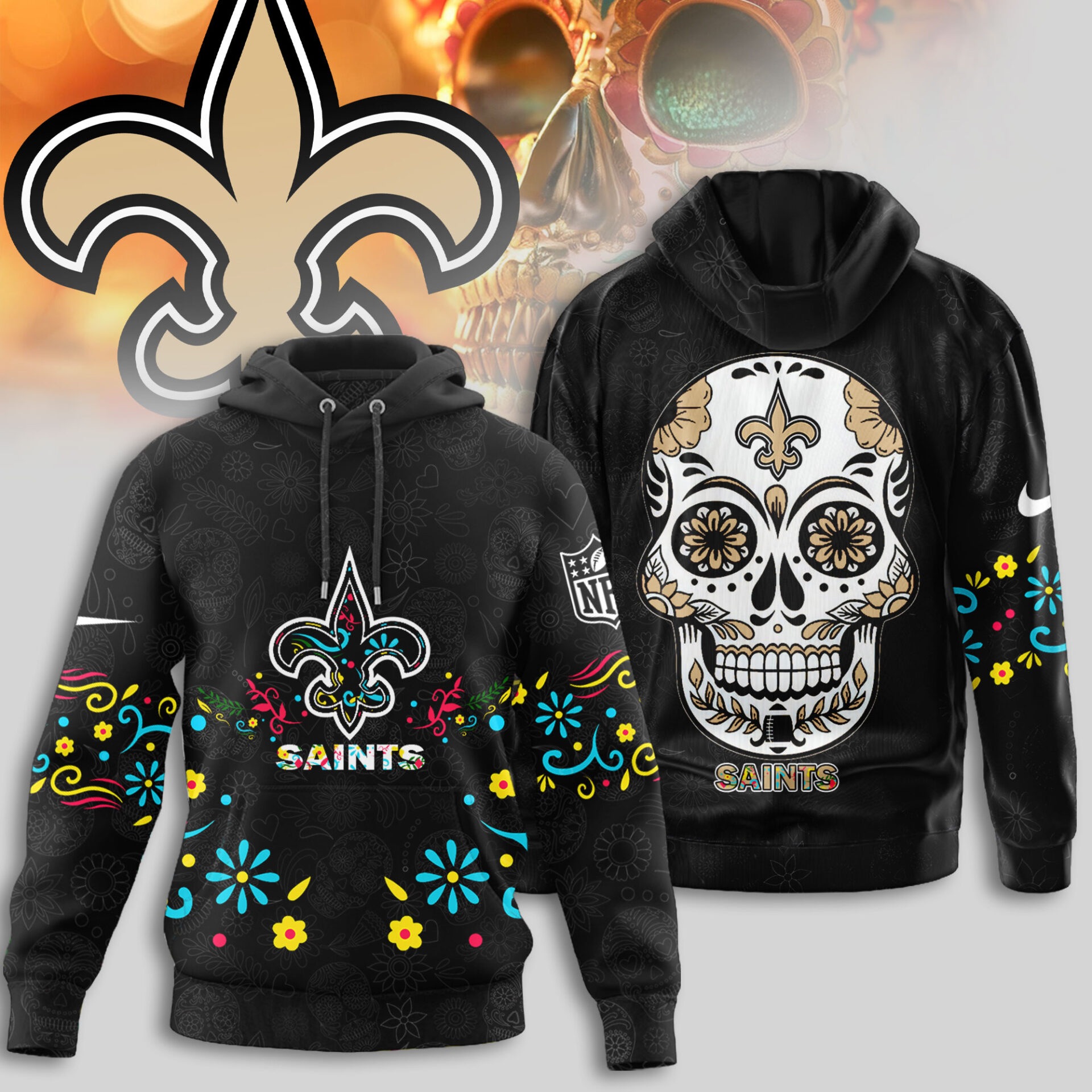 Buildercar - New Orleans Saints | Premium NFL Dia de los Muertos Limited Editions Hoodie