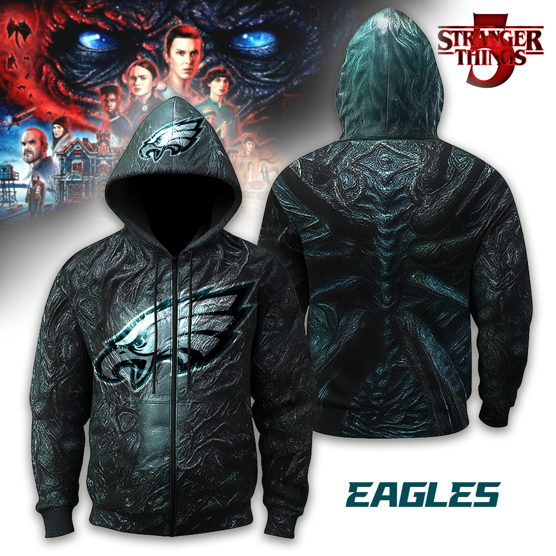 Buildercar - Philadelphia Eagles | Premium NFL Stranger Things Zip Hoodie