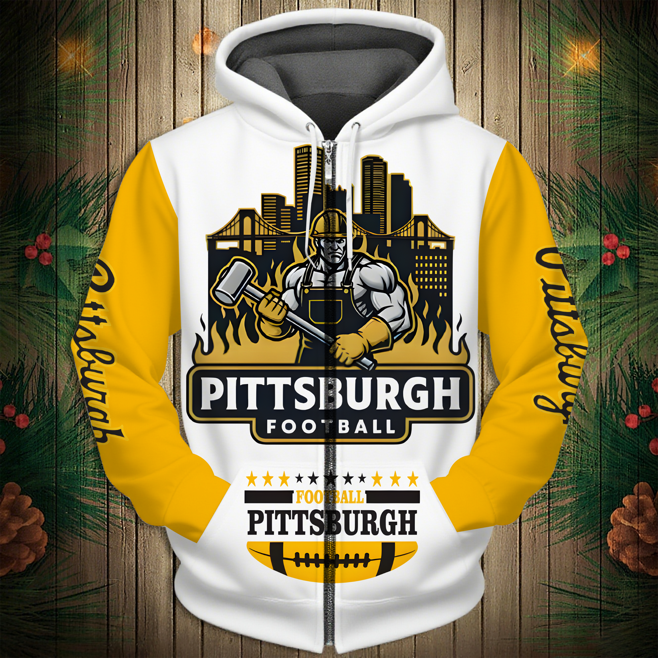 Buildercar - Pittsburgh Steelers  City Mascot Pattern Hoodie Unisex NFL Pullover Hoodie for Football Fans hm10112728