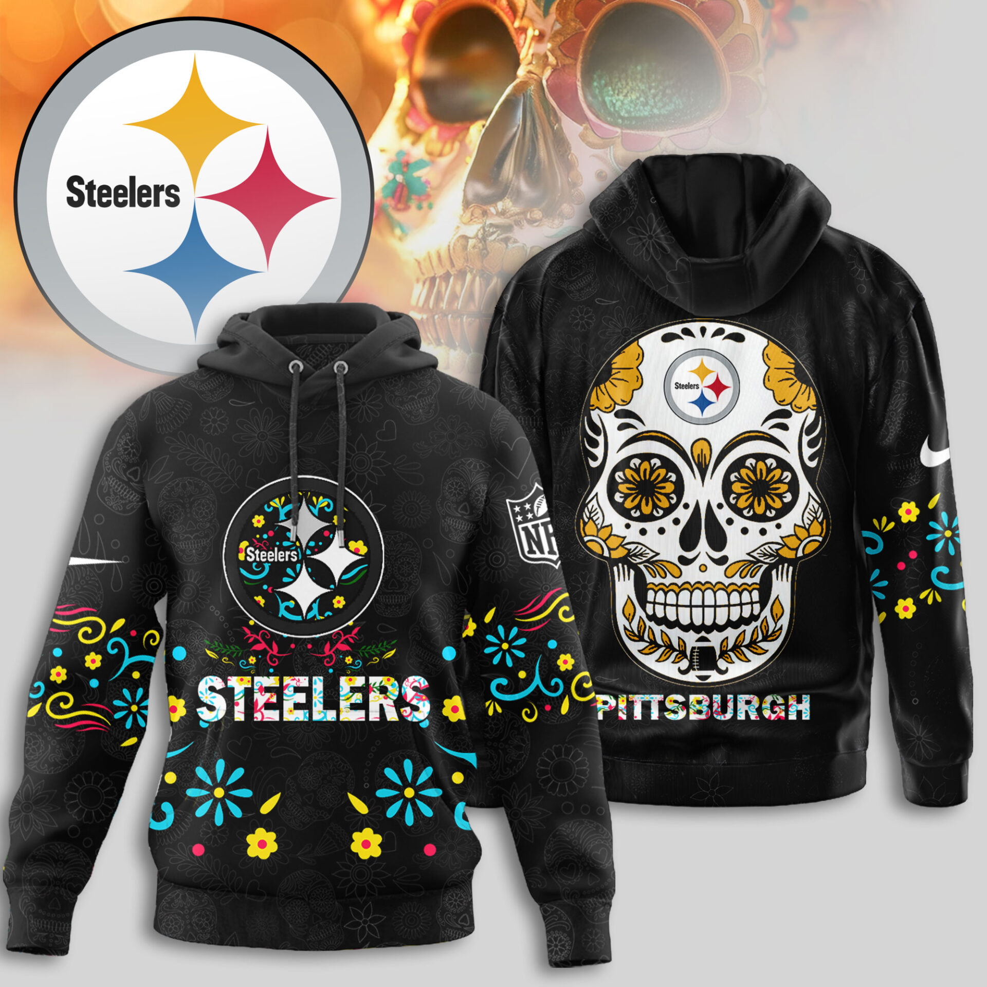 Buildercar - Pittsburgh Steelers | Premium NFL Dia de los Muertos Limited Editions Hoodie