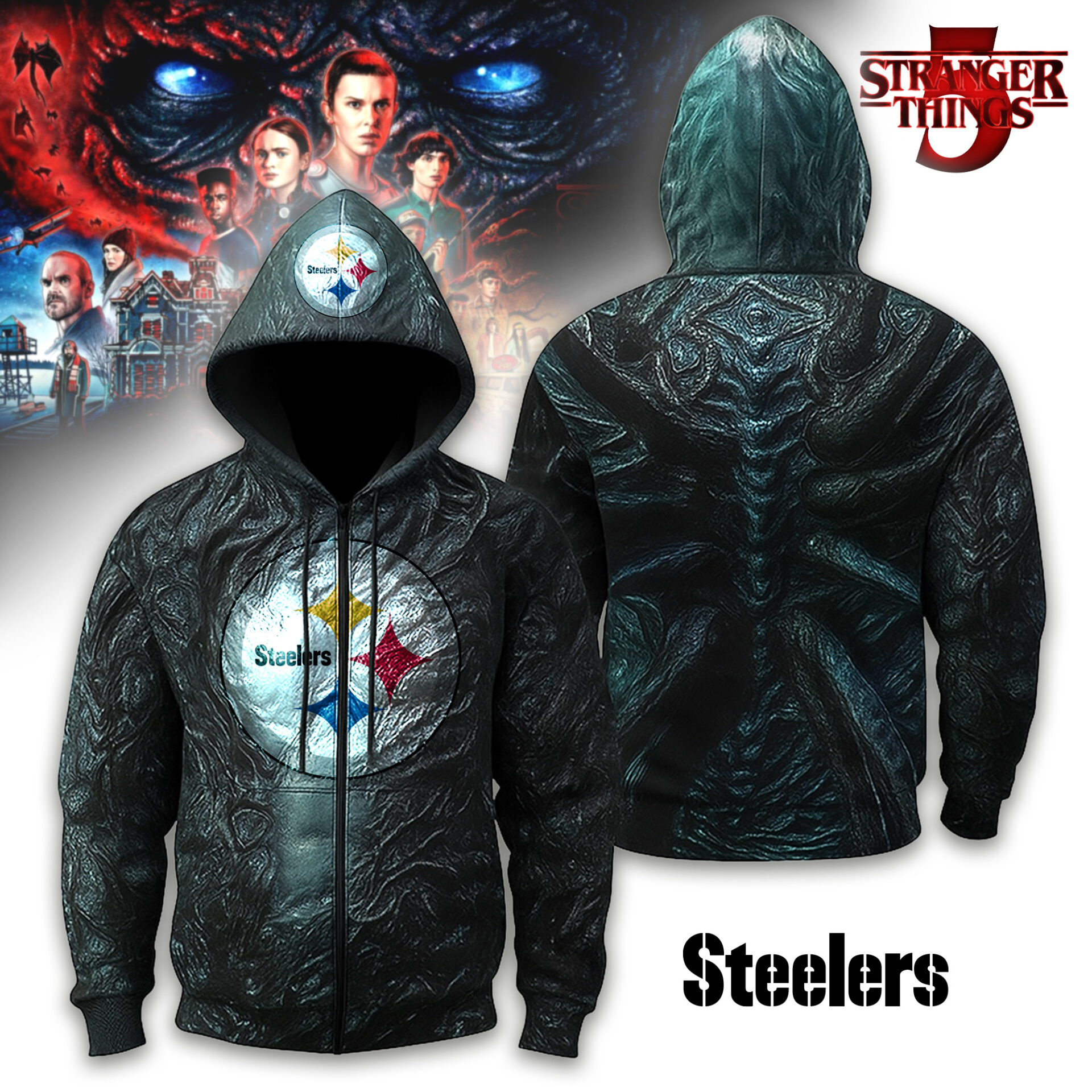 Buildercar - Pittsburgh Steelers | Premium NFL Stranger Things Zip Hoodie