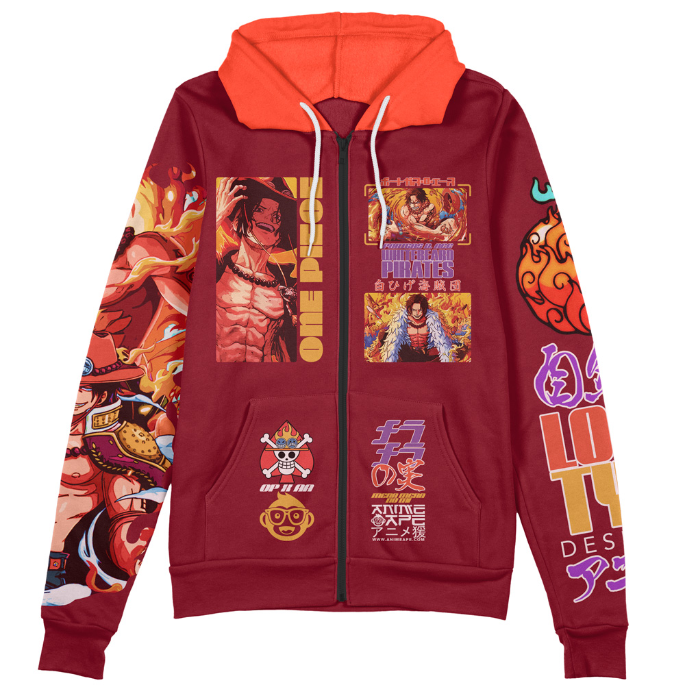 Buildercar - Portgas D. Ace V3 One Piece Streetwear Zip Hoodie Jacket - Image 2