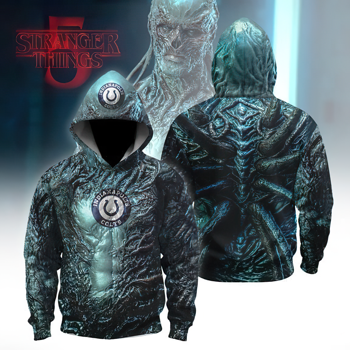 Buildercar - Premium NFL Indianapolis Colts x Stranger Things Crossover Hoodie 