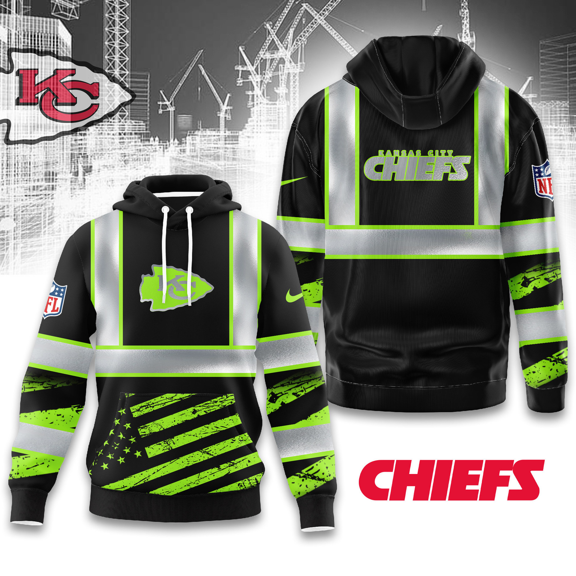 Buildercar - Premium NFL Kansas City Chiefs Safety Hi-Vis Hoodie