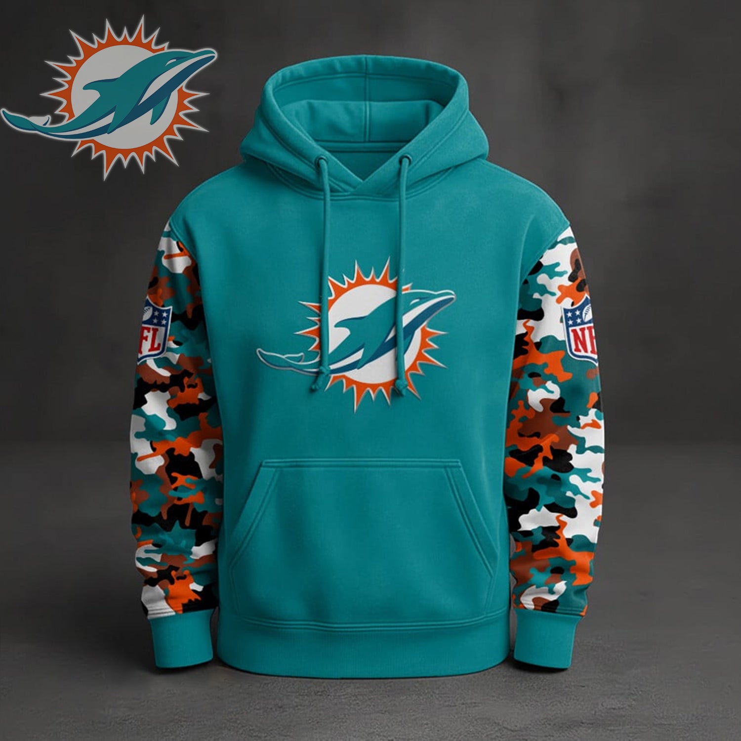 Buildercar - Premium NFL Miami Dolphins Camo Arm Pullover Hoodie V1