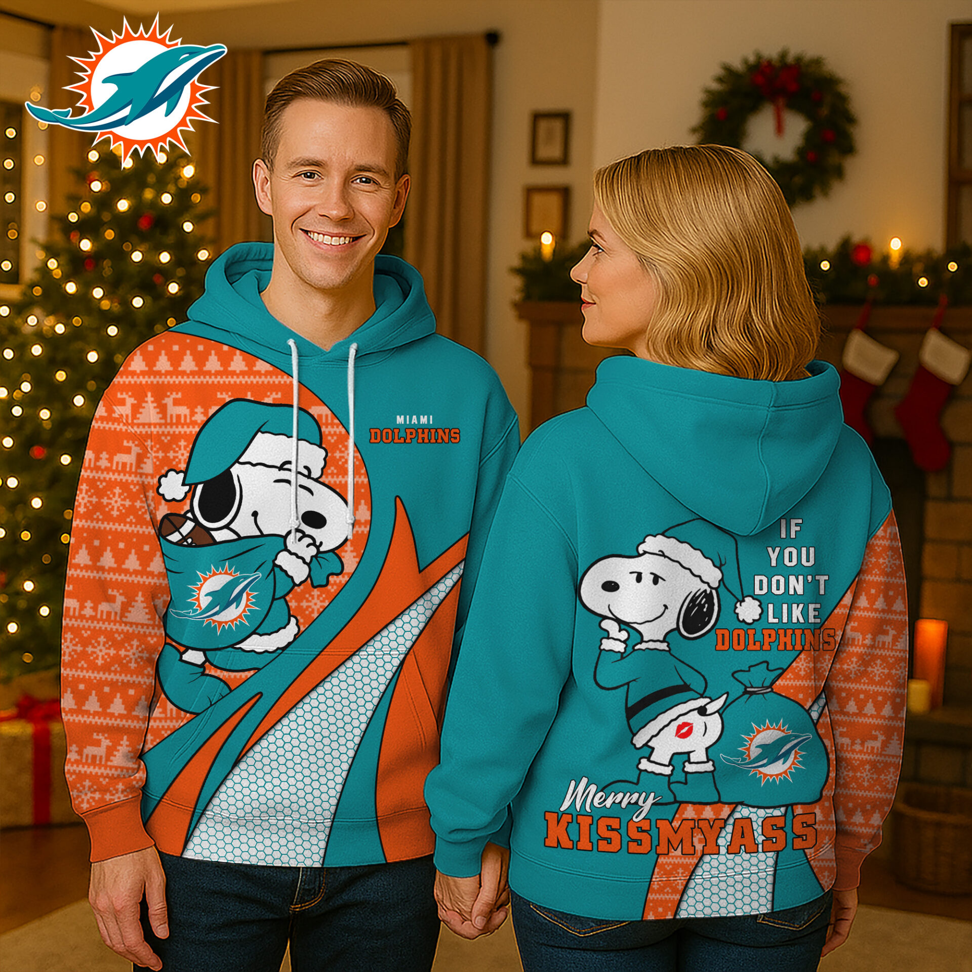 Buildercar - Premium NFL Miami Dolphins x Snoopy Funny Christmas Hoodie V1