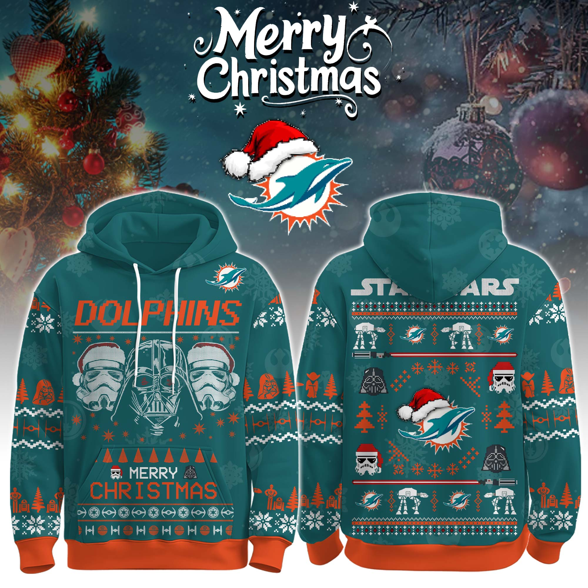 Buildercar - Premium NFL Miami Dolphins x StarwArsenal Merry Christmas Hoodie V1