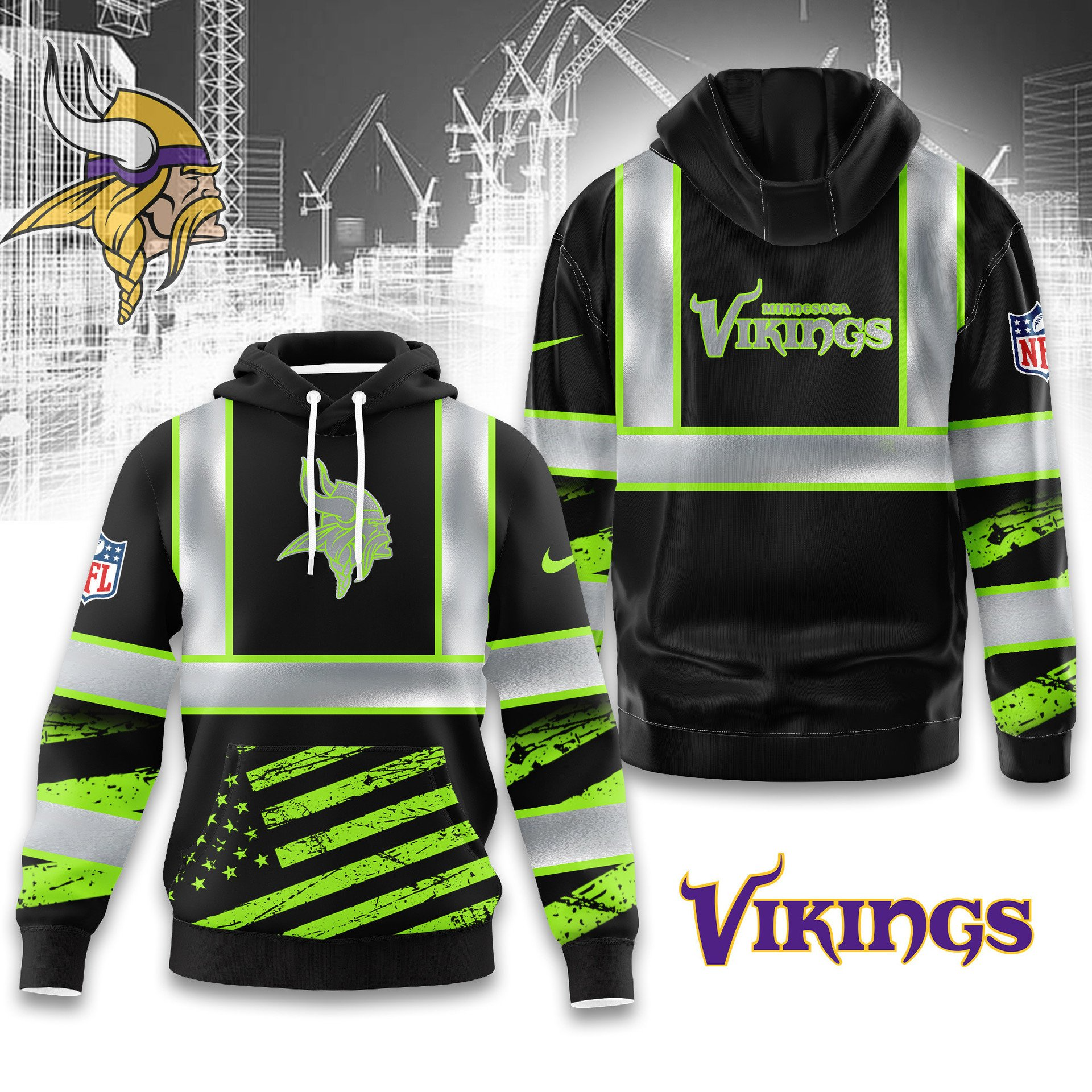 Buildercar - Premium NFL Minnesota Vikings Safety Hi-Vis Hoodie 