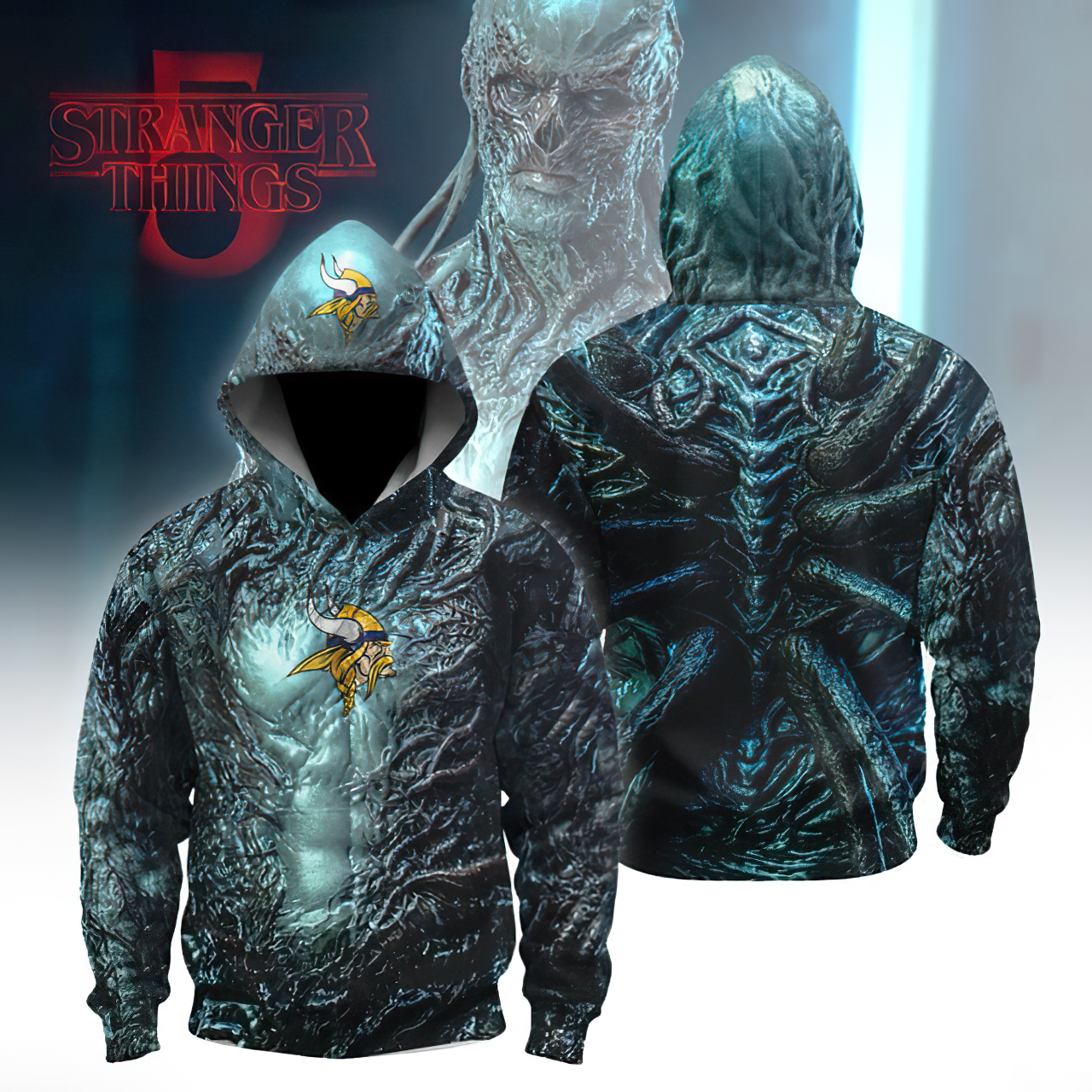 Buildercar - Premium NFL Minnesota Vikings x Stranger Things Crossover Hoodie 