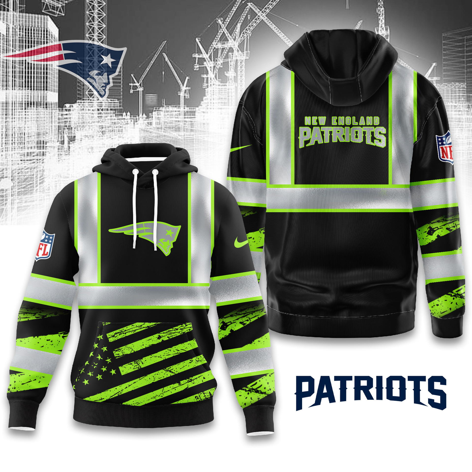 Buildercar - Premium NFL New England Patriots Safety Hi-Vis Hoodie 