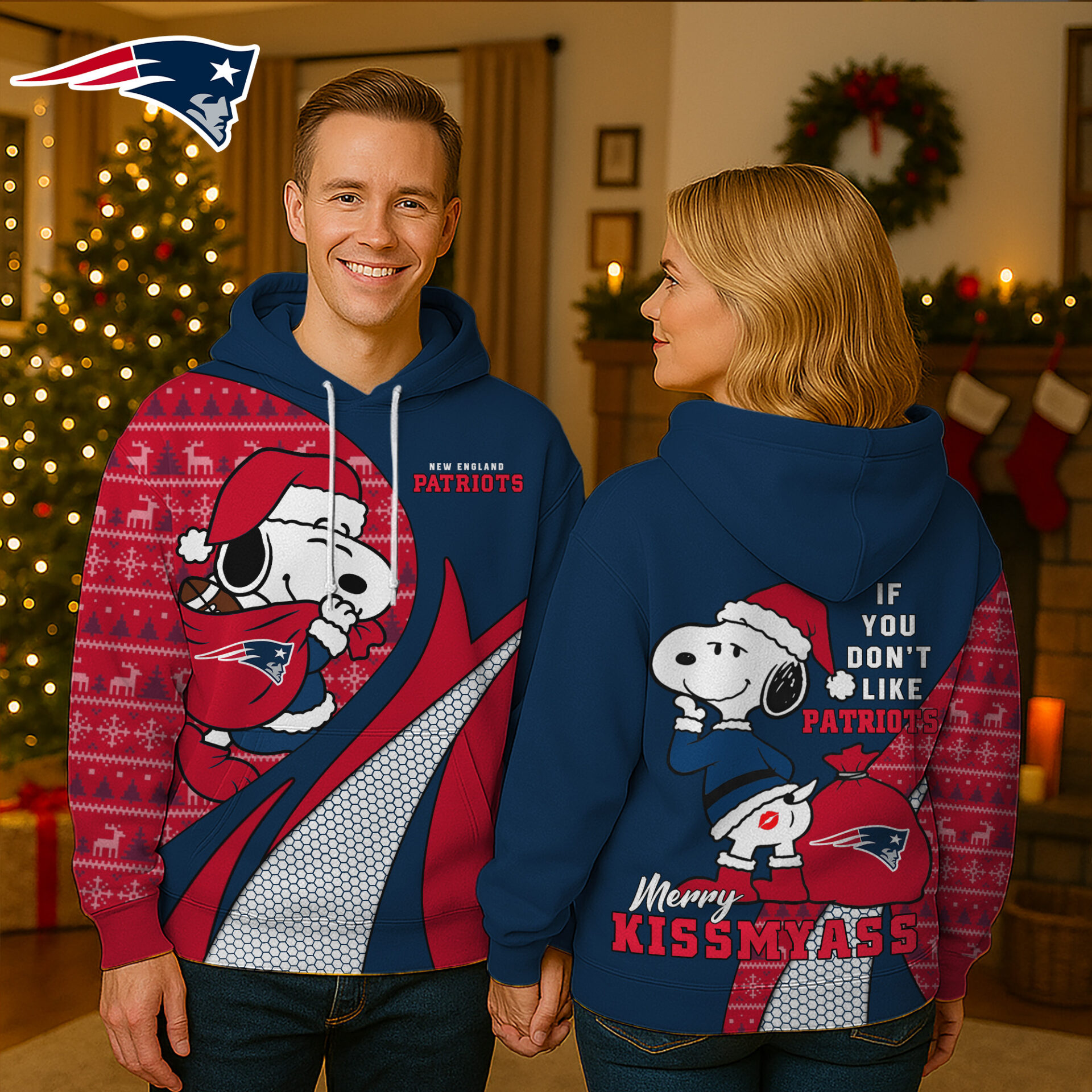 Buildercar - Premium NFL New England Patriots x Snoopy Funny Christmas Hoodie V1