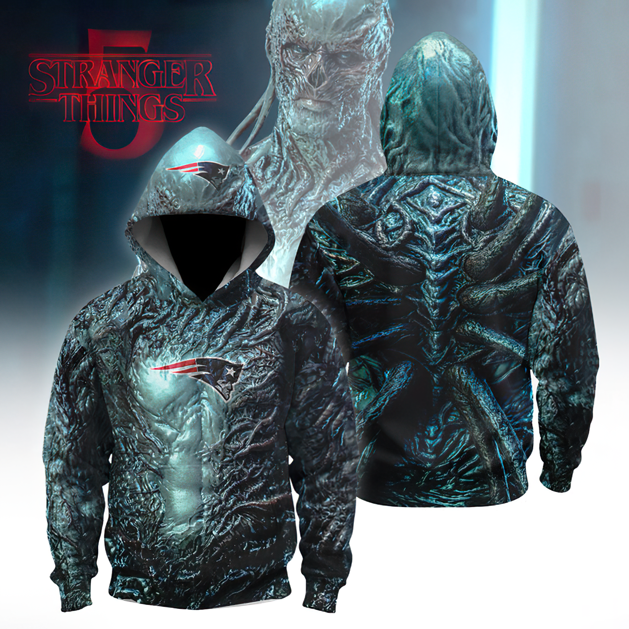Buildercar - Premium NFL New England Patriots x Stranger Things Crossover Hoodie 