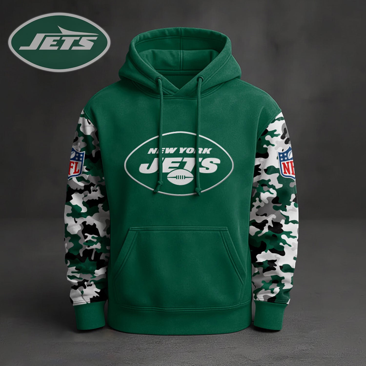 Buildercar - Premium NFL New York Jets Camo Arm Pullover Hoodie V1