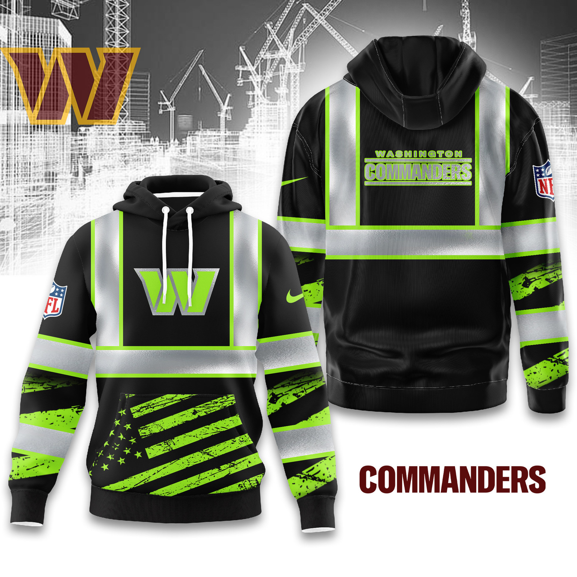 Buildercar - Premium NFL Washington Commanders Safety Hi-Vis Hoodie