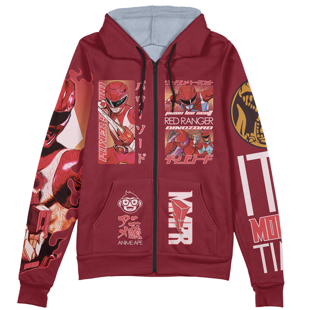 Buildercar - Red Ranger Mighty Morphin Power Rangers Streetwear Zip Hoodie Jacket - Image 2
