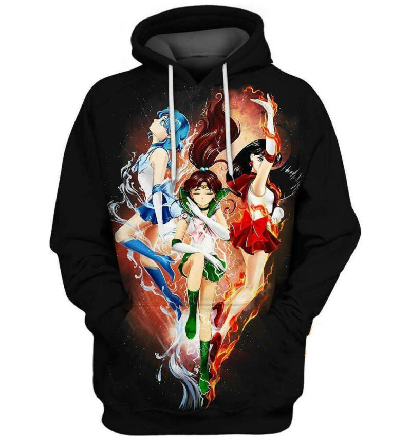 Buildercar - Sailor Moon Hoodie Guardians Sailor Moon Mercury Jupiter Mars Black 3d Hoodie