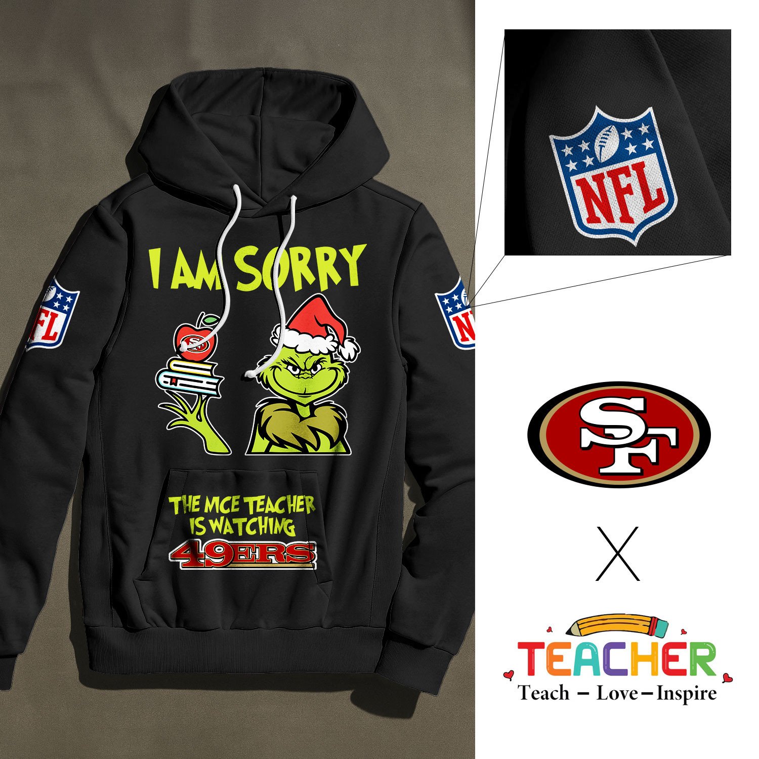 Buildercar - San Francisco 49ers | Premium NFL Grinch Teacher Appreciation Hoodie