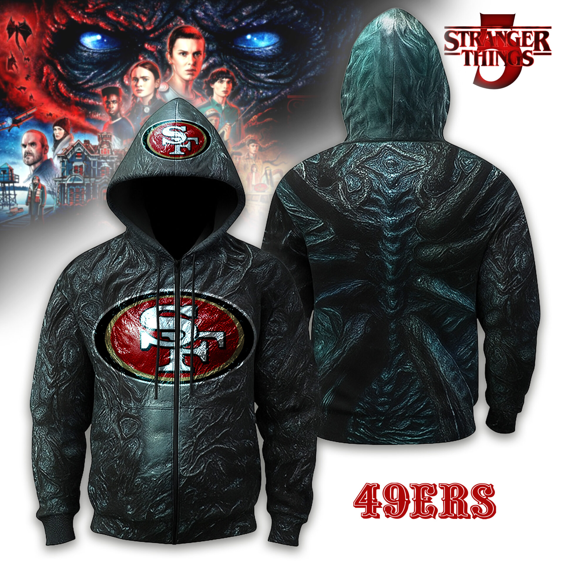 Buildercar - San Francisco 49ers | Premium NFL Stranger Things Zip Hoodie