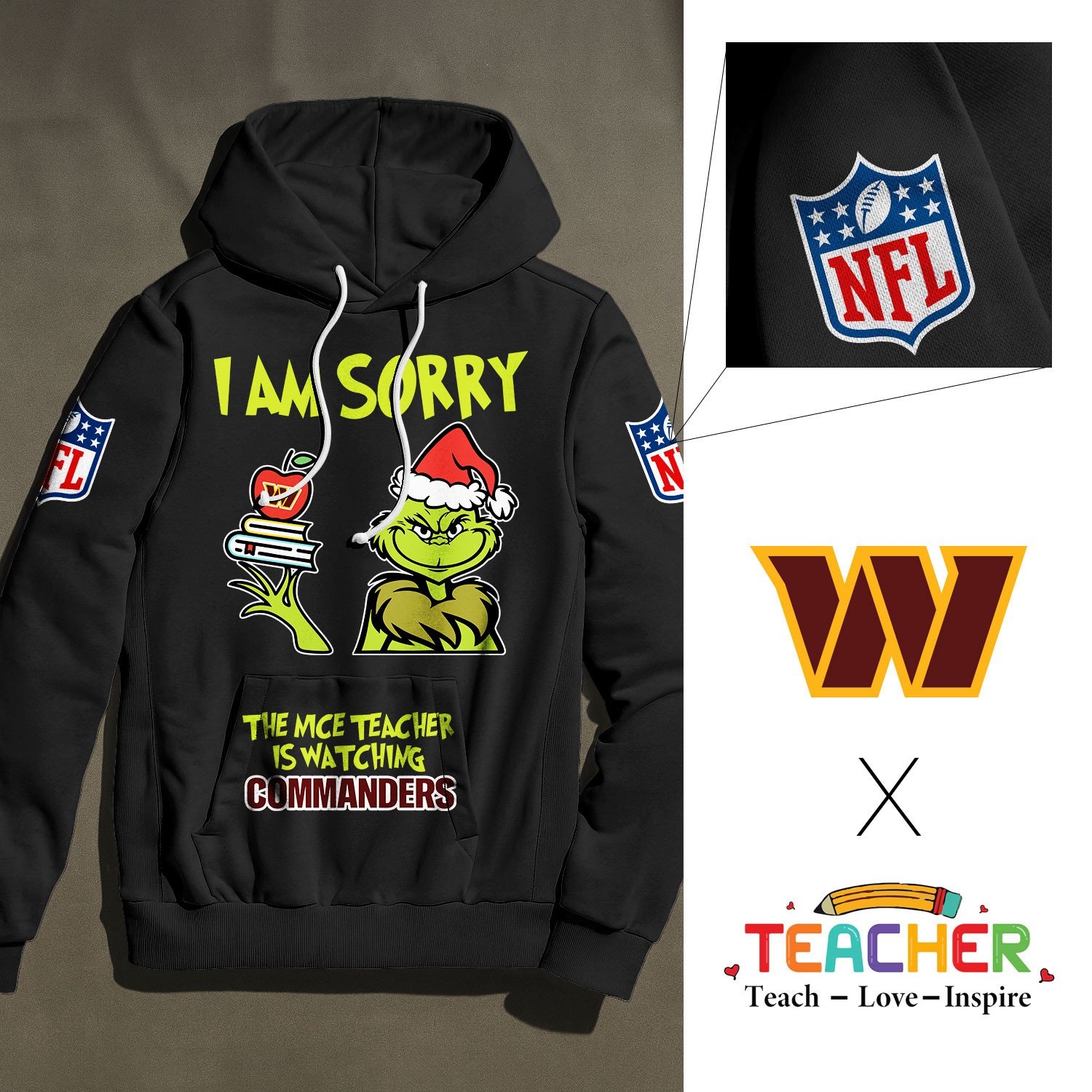 Buildercar - Washington Commanders | Premium NFL Grinch Teacher Appreciation Hoodie