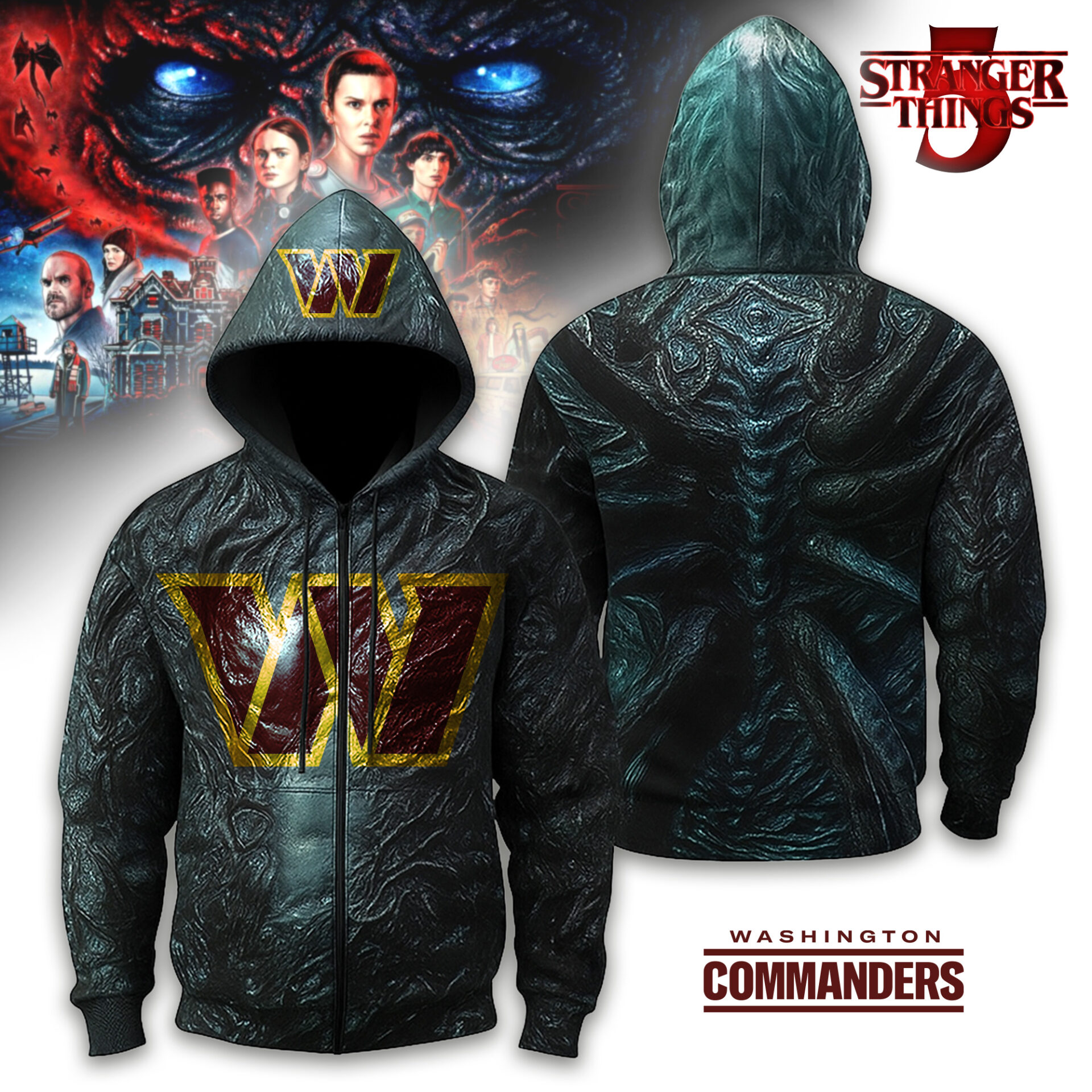 Buildercar - Washington Commanders | Premium NFL Stranger Things Zip Hoodie