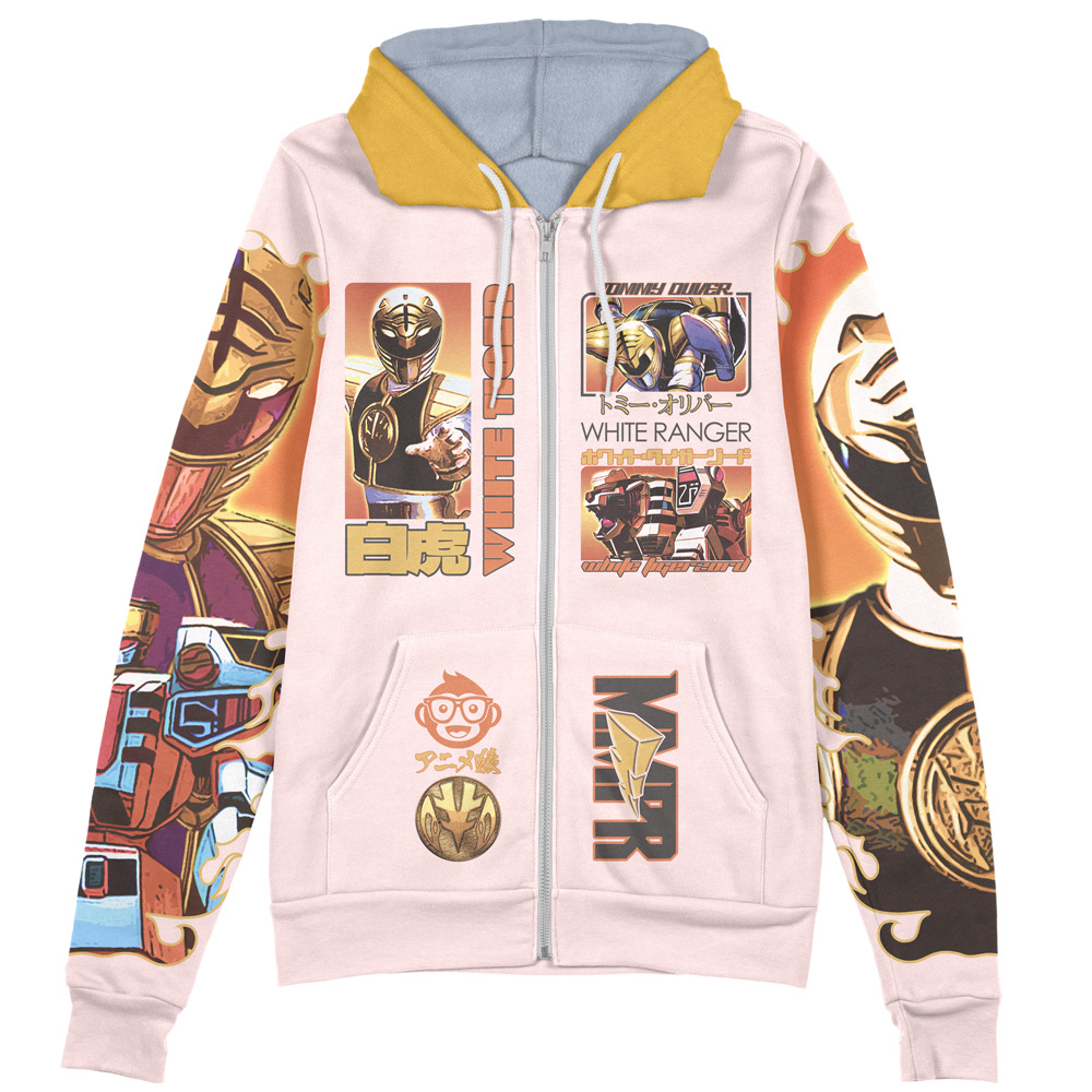 Buildercar - White Ranger Mighty Morphin Power Rangers Streetwear Zip Hoodie Jacket - Image 2