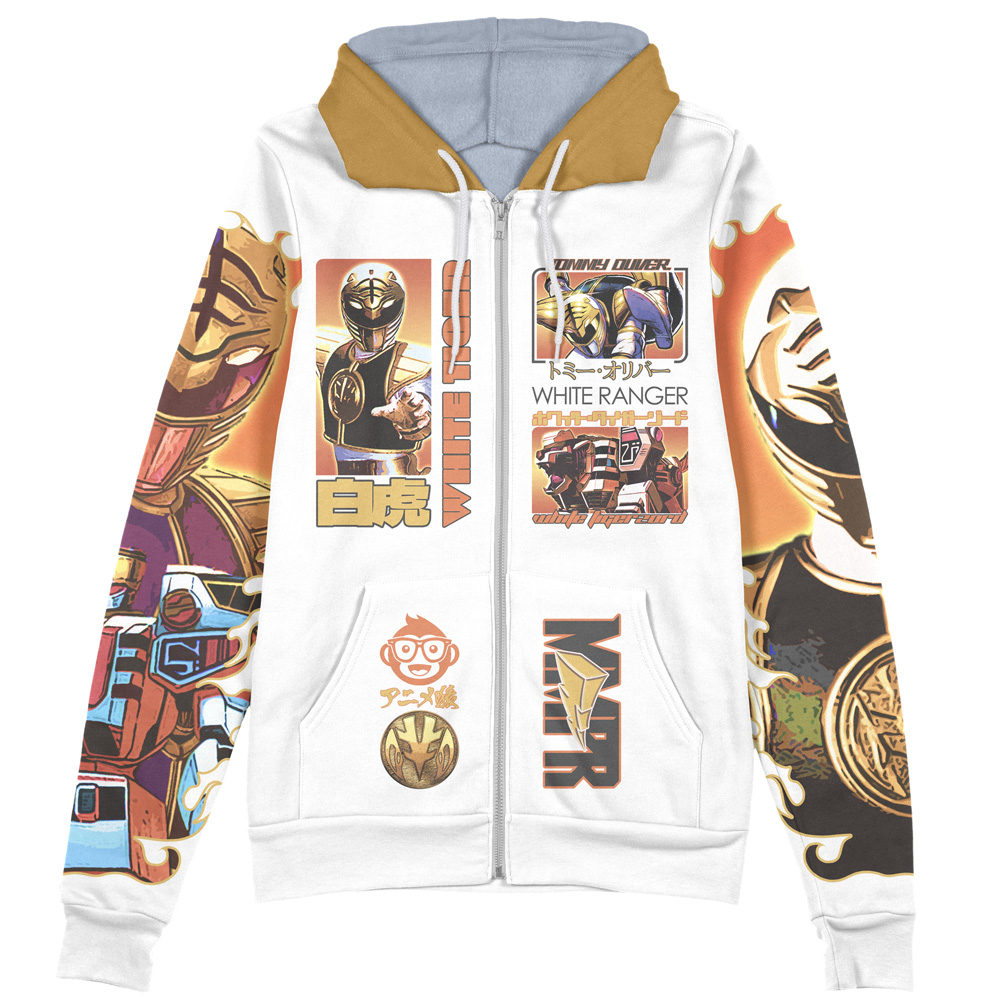 Buildercar - White Ranger V2 Mighty Morphin Power Rangers Streetwear Zip Hoodie Jacket - Image 2