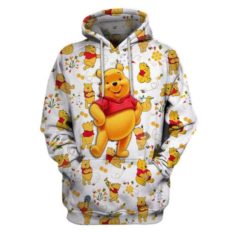 Buildercar - Winnie The Pooh With Flower Pattern White Hoodie Winnie The Pooh 3d Hoodie