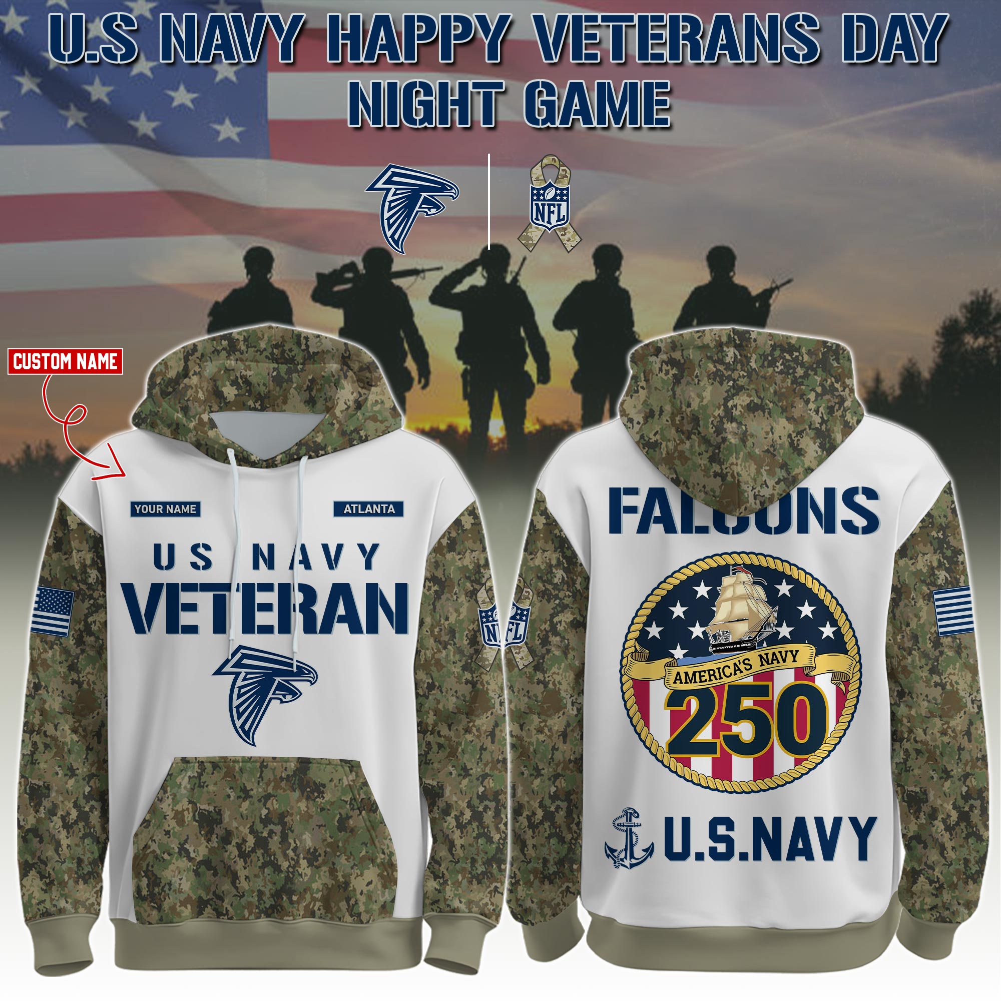 Buildercar - Atlanta Falcons-Navy Veteran 250th Birthday Limited Editions Hoodie NFL