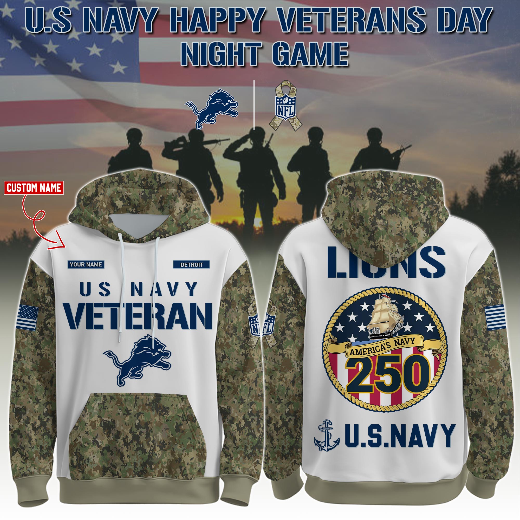 Buildercar - Detroit Lions-Navy Veteran 250th Birthday Limited Editions Hoodie NFL