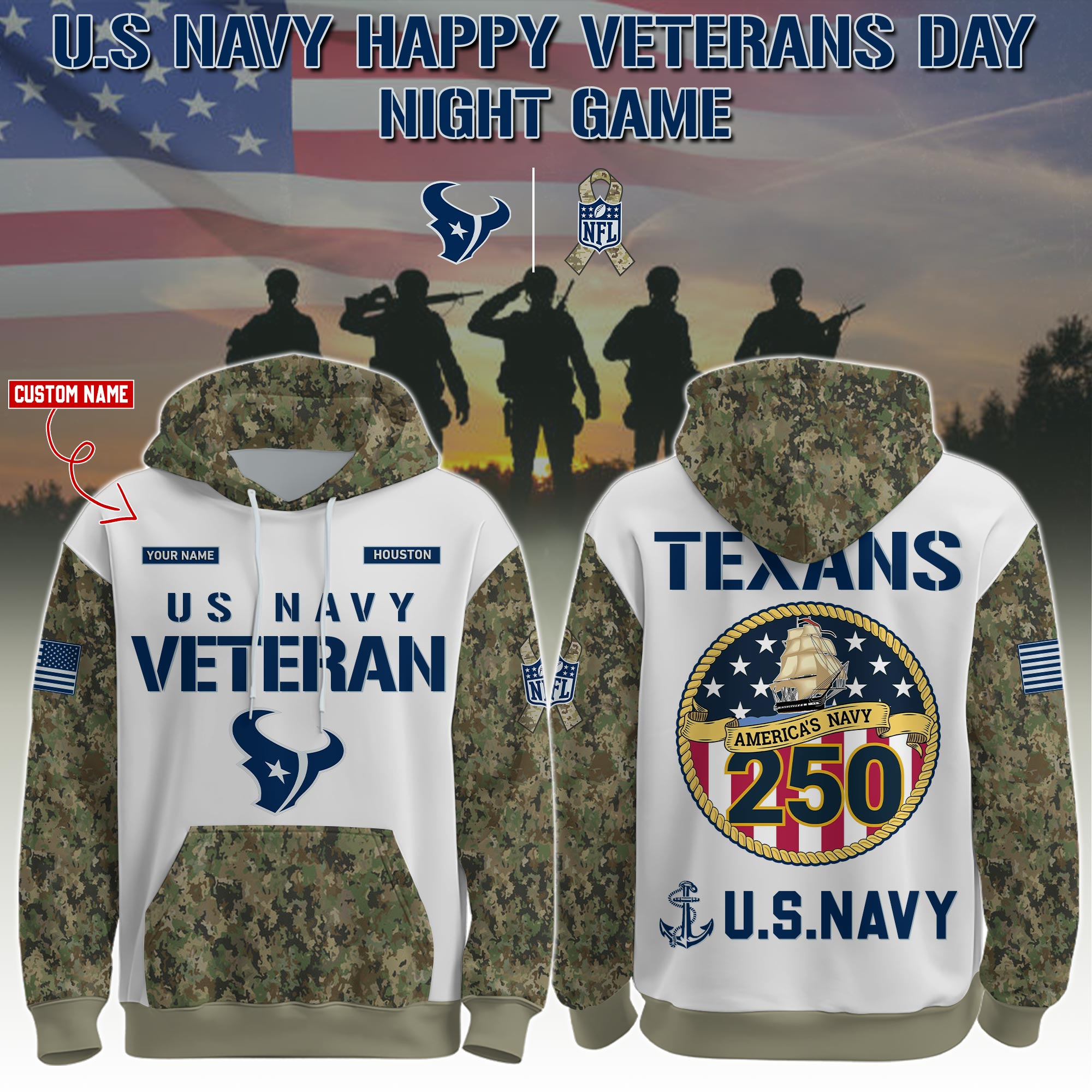 Buildercar - Houston Texans-Navy Veteran 250th Birthday Limited Editions Hoodie NFL