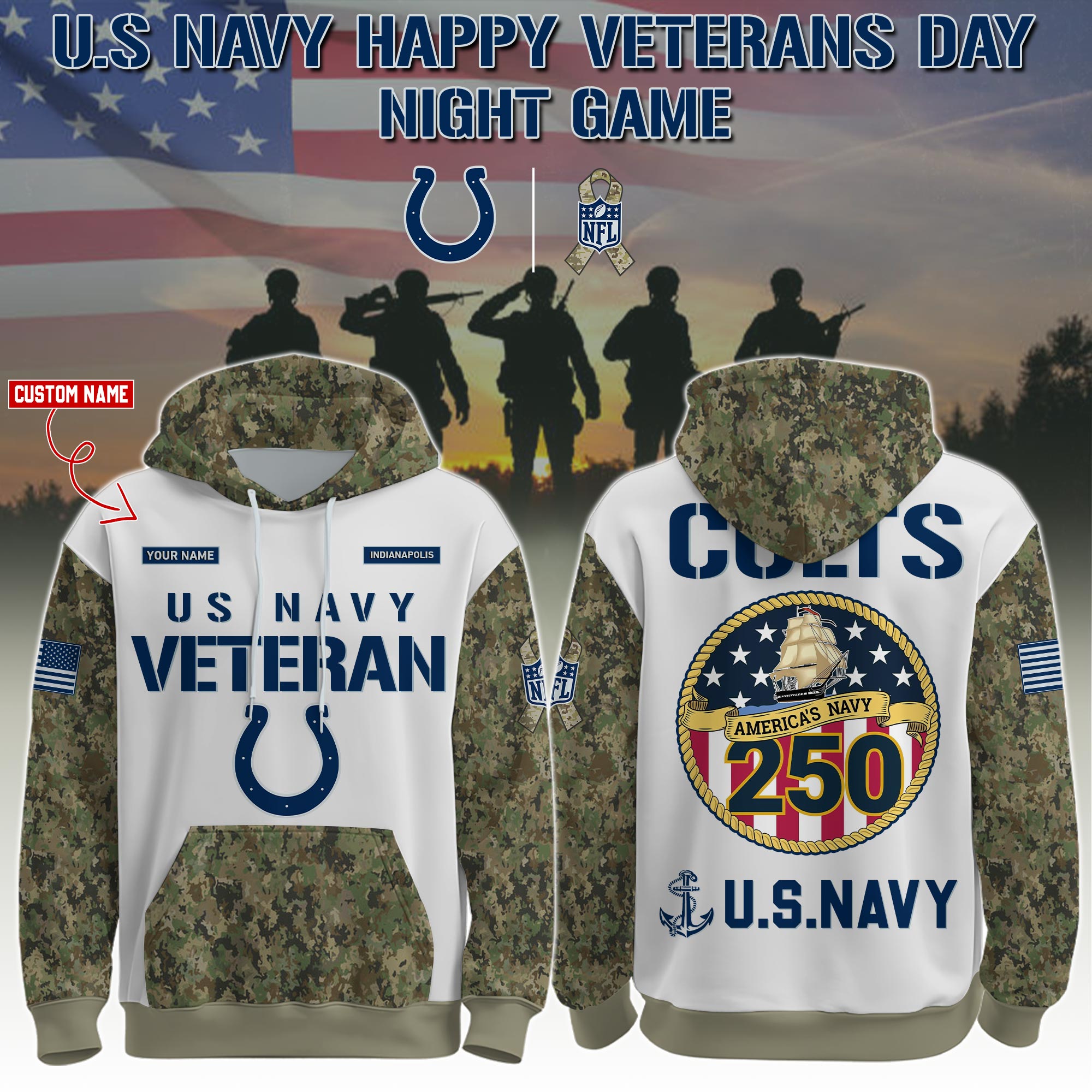 Buildercar - Indianapolis Colts-Navy Veteran 250th Birthday Limited Editions Hoodie NFL