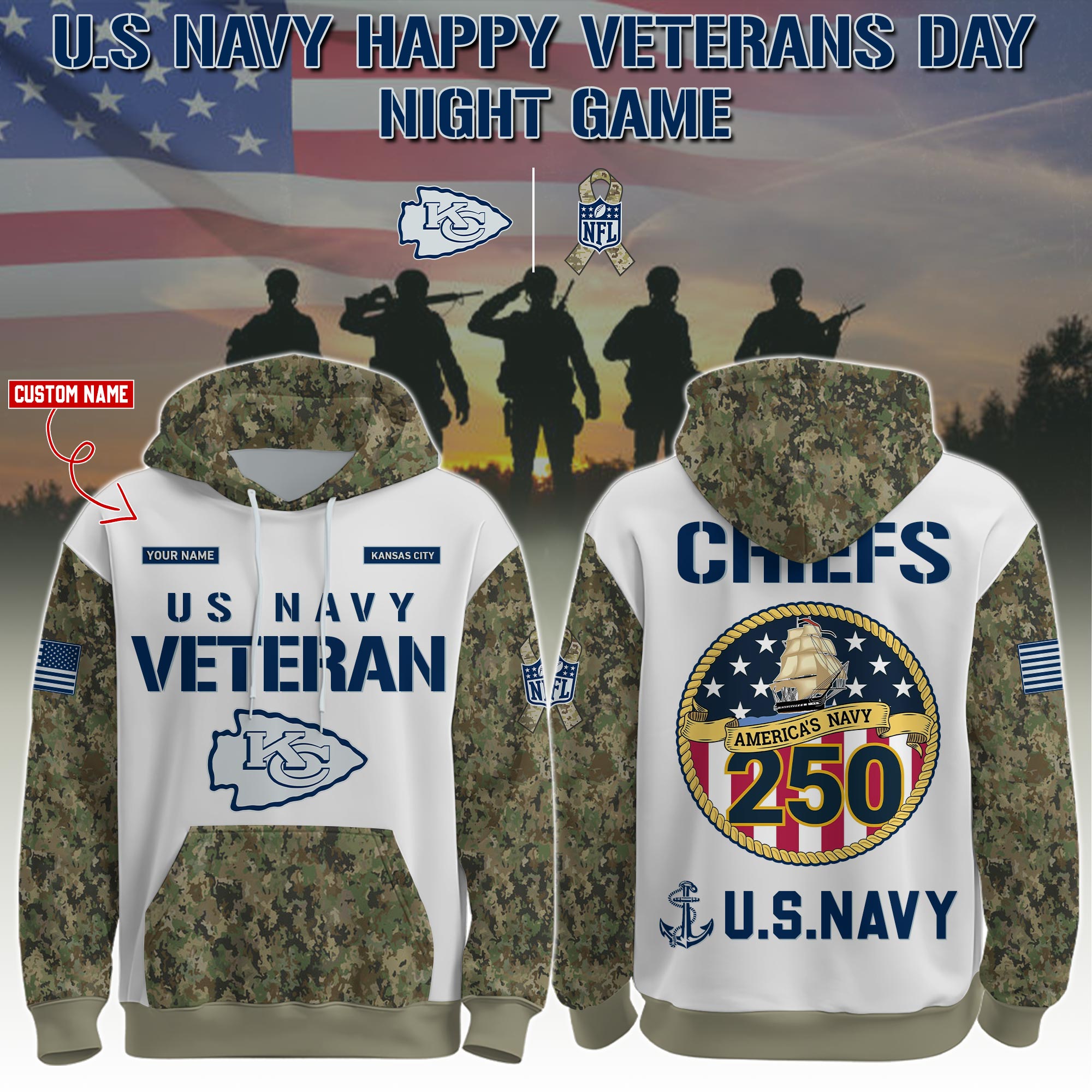 Buildercar - Kansas City Chiefs-Navy Veteran 250th Birthday Limited Editions Hoodie NFL