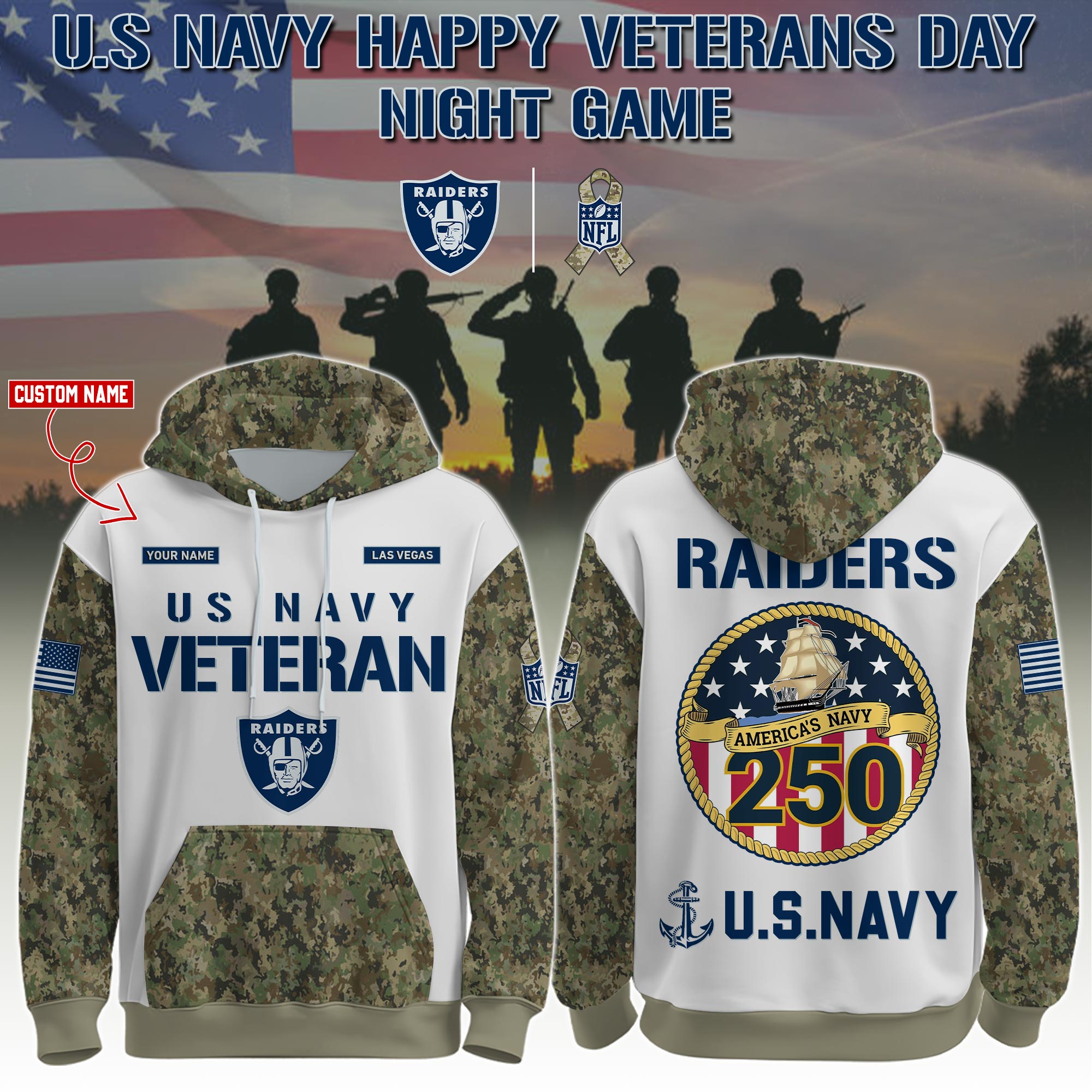 Buildercar - Las Vegas Raiders-Navy Veteran 250th Birthday Limited Editions Hoodie NFL