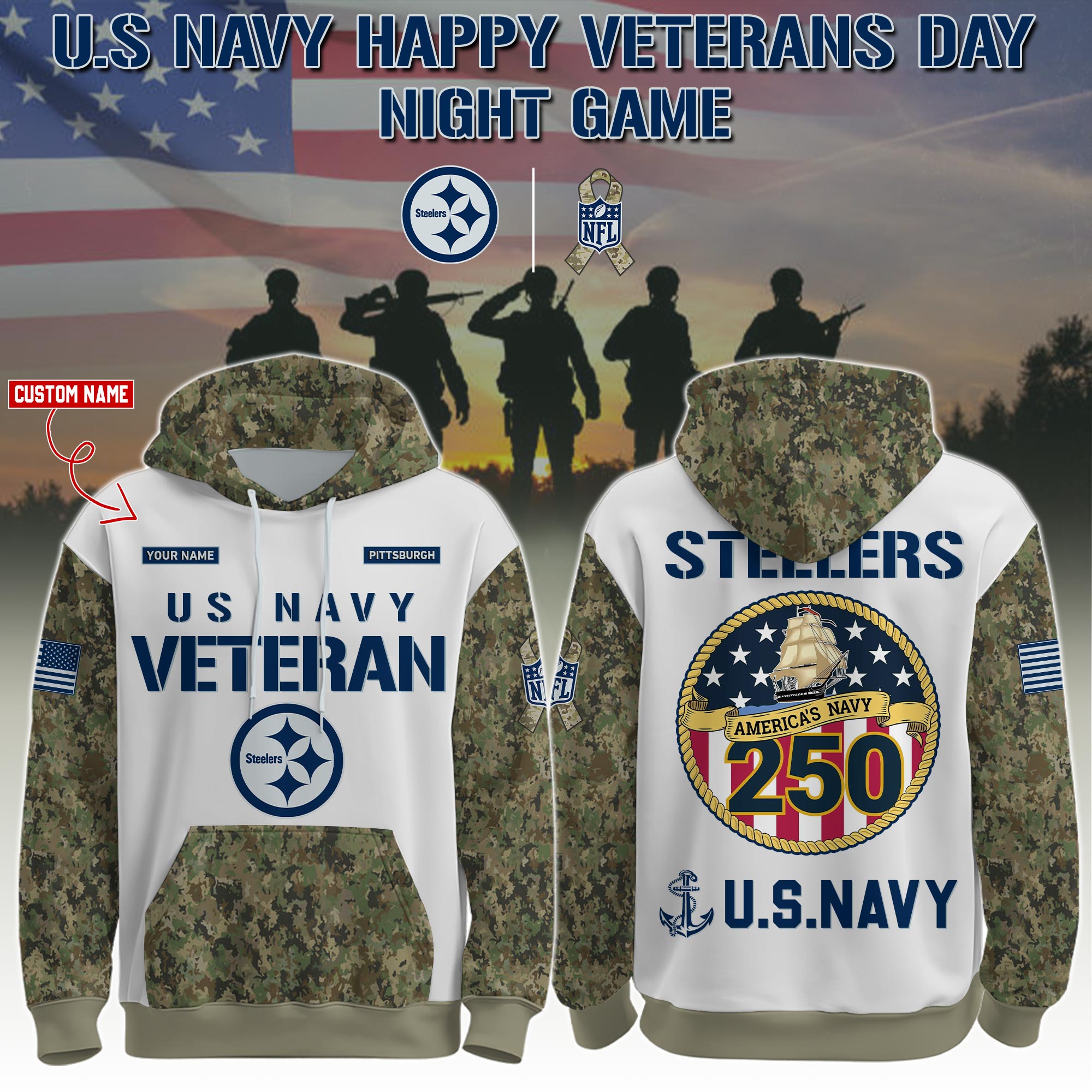 Buildercar - Pittsburgh Steelers-Navy Veteran 250th Birthday Limited Editions Hoodie NFL